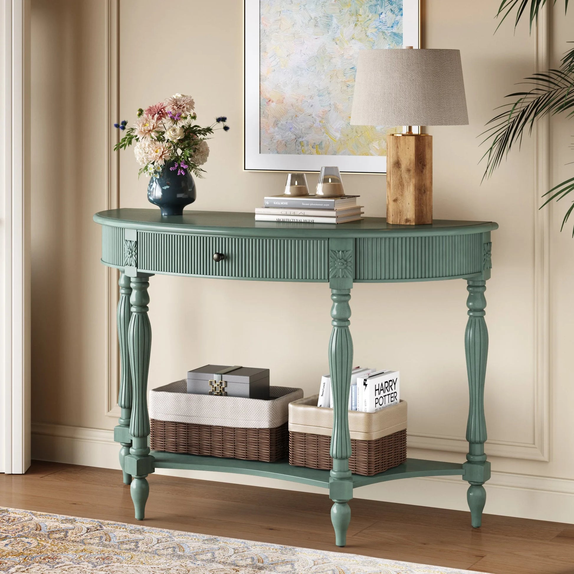Solid Wood Half Moon Console Table with Drawer & Shelf, Fluted Vintage Curved Entryway Table for Hallway Living Room Foyer, Narrow Space Sofa Table with Roman Column Carved Legs, Deep Rustic Brown detail view 61