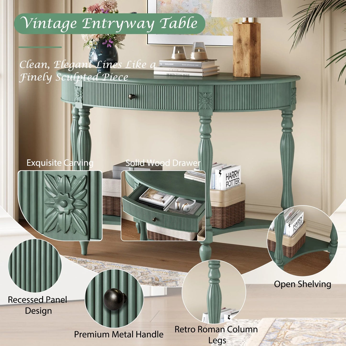 Solid Wood Half Moon Console Table with Drawer & Shelf, Fluted Vintage Curved Entryway Table for Hallway Living Room Foyer, Narrow Space Sofa Table with Roman Column Carved Legs, Deep Rustic Brown detail view 62