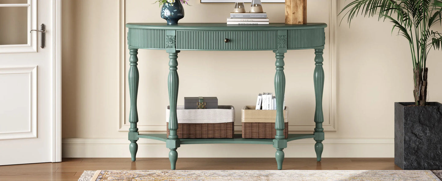 Solid Wood Half Moon Console Table with Drawer & Shelf, Fluted Vintage Curved Entryway Table for Hallway Living Room Foyer, Narrow Space Sofa Table with Roman Column Carved Legs, Deep Rustic Brown detail view 63