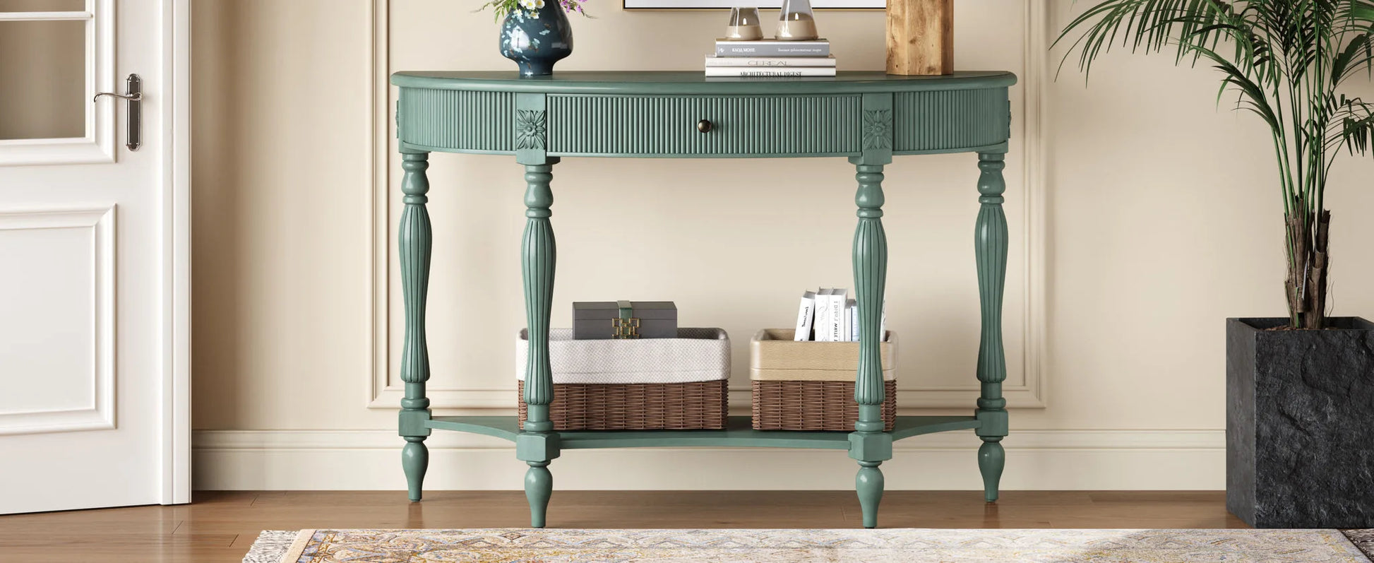 Solid Wood Half Moon Console Table with Drawer & Shelf, Fluted Vintage Curved Entryway Table for Hallway Living Room Foyer, Narrow Space Sofa Table with Roman Column Carved Legs, Deep Rustic Brown detail view 63