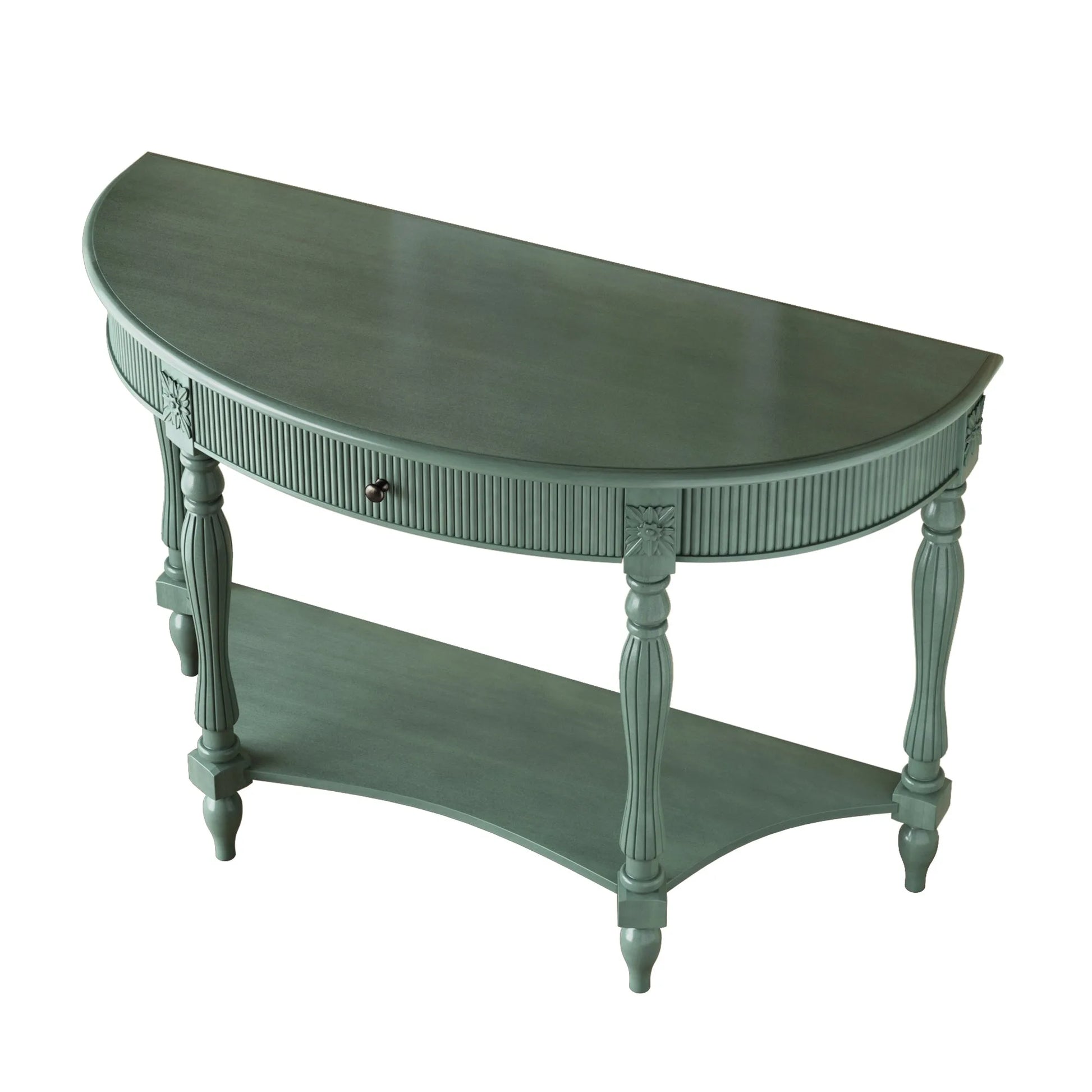 Solid Wood Half Moon Console Table with Drawer & Shelf, Fluted Vintage Curved Entryway Table for Hallway Living Room Foyer, Narrow Space Sofa Table with Roman Column Carved Legs, Deep Rustic Brown detail view 67