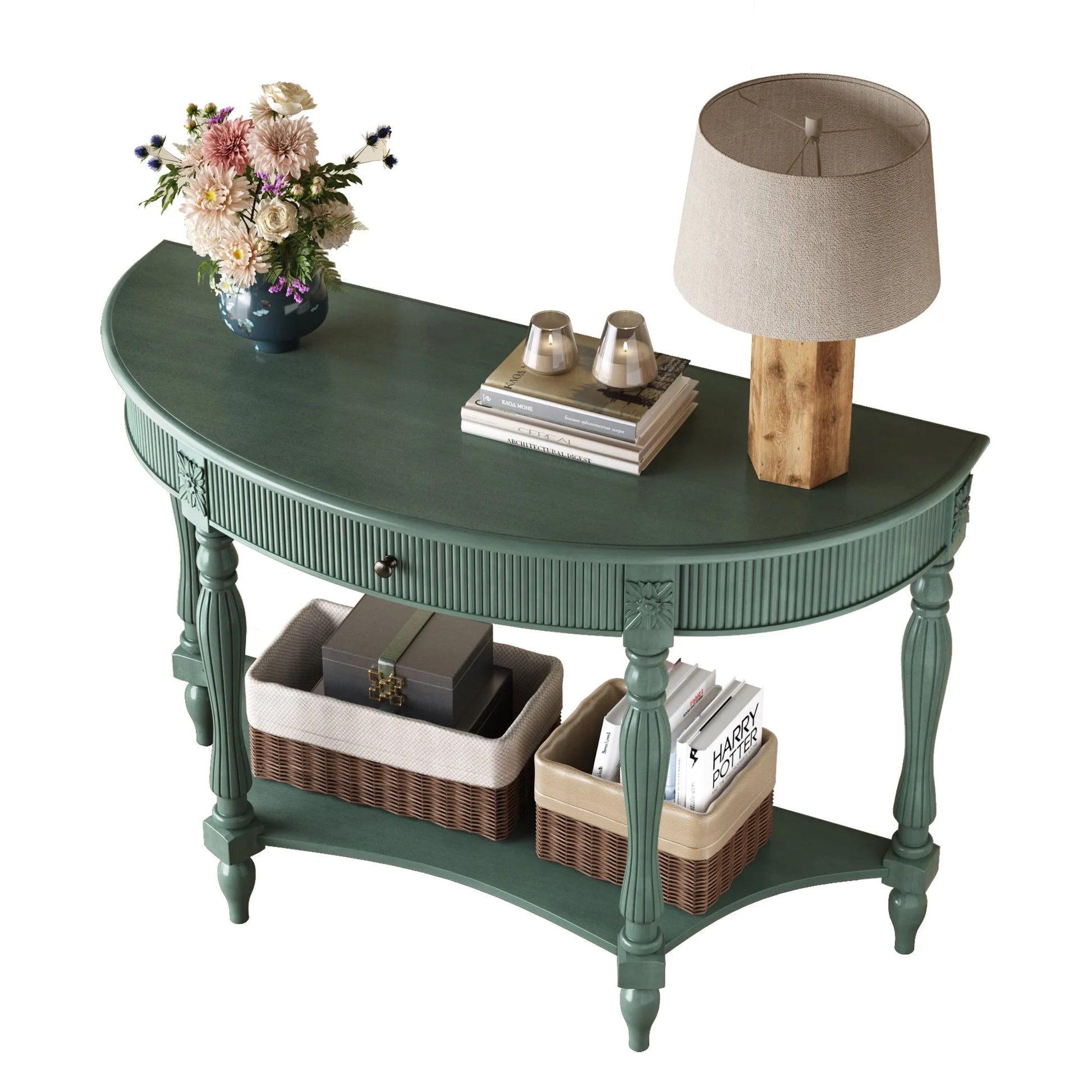 Solid Wood Half Moon Console Table with Drawer & Shelf, Fluted Vintage Curved Entryway Table for Hallway Living Room Foyer, Narrow Space Sofa Table with Roman Column Carved Legs, Deep Rustic Brown detail view 69