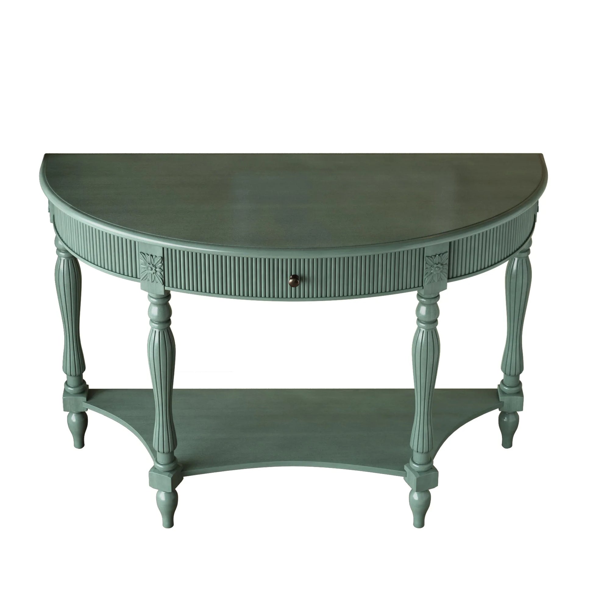Solid Wood Half Moon Console Table with Drawer & Shelf, Fluted Vintage Curved Entryway Table for Hallway Living Room Foyer, Narrow Space Sofa Table with Roman Column Carved Legs, Deep Rustic Brown detail view 71