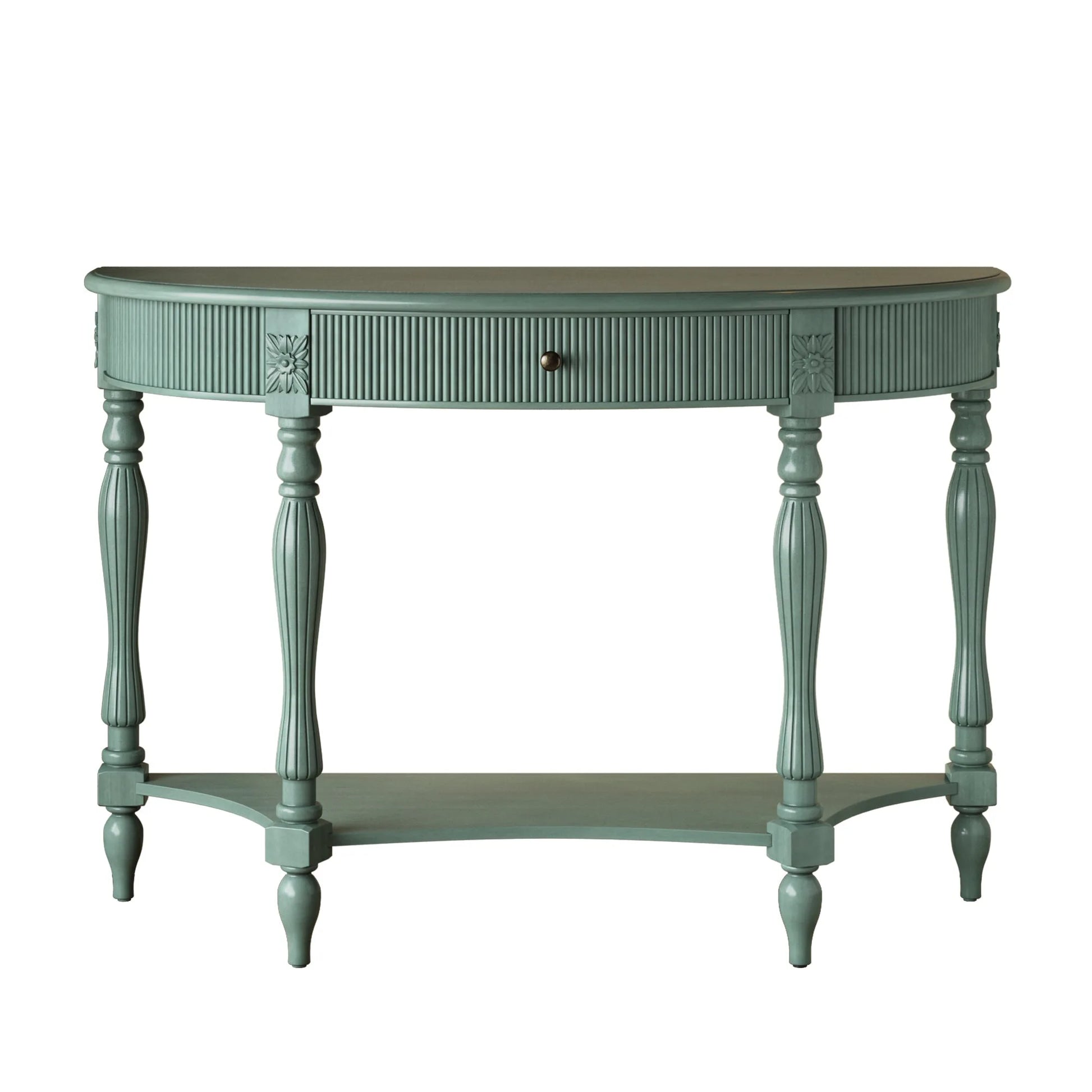 Solid Wood Half Moon Console Table with Drawer & Shelf, Fluted Vintage Curved Entryway Table for Hallway Living Room Foyer, Narrow Space Sofa Table with Roman Column Carved Legs, Deep Rustic Brown detail view 72