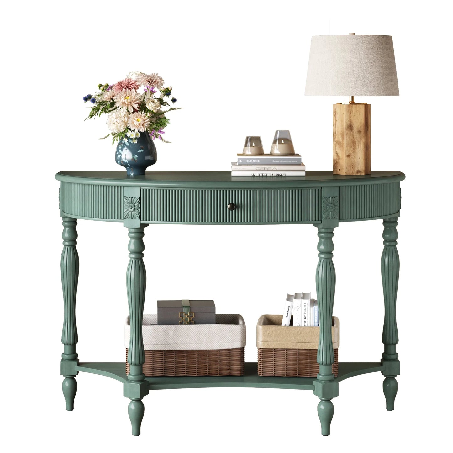 Solid Wood Half Moon Console Table with Drawer & Shelf, Fluted Vintage Curved Entryway Table for Hallway Living Room Foyer, Narrow Space Sofa Table with Roman Column Carved Legs, Deep Rustic Brown detail view 73