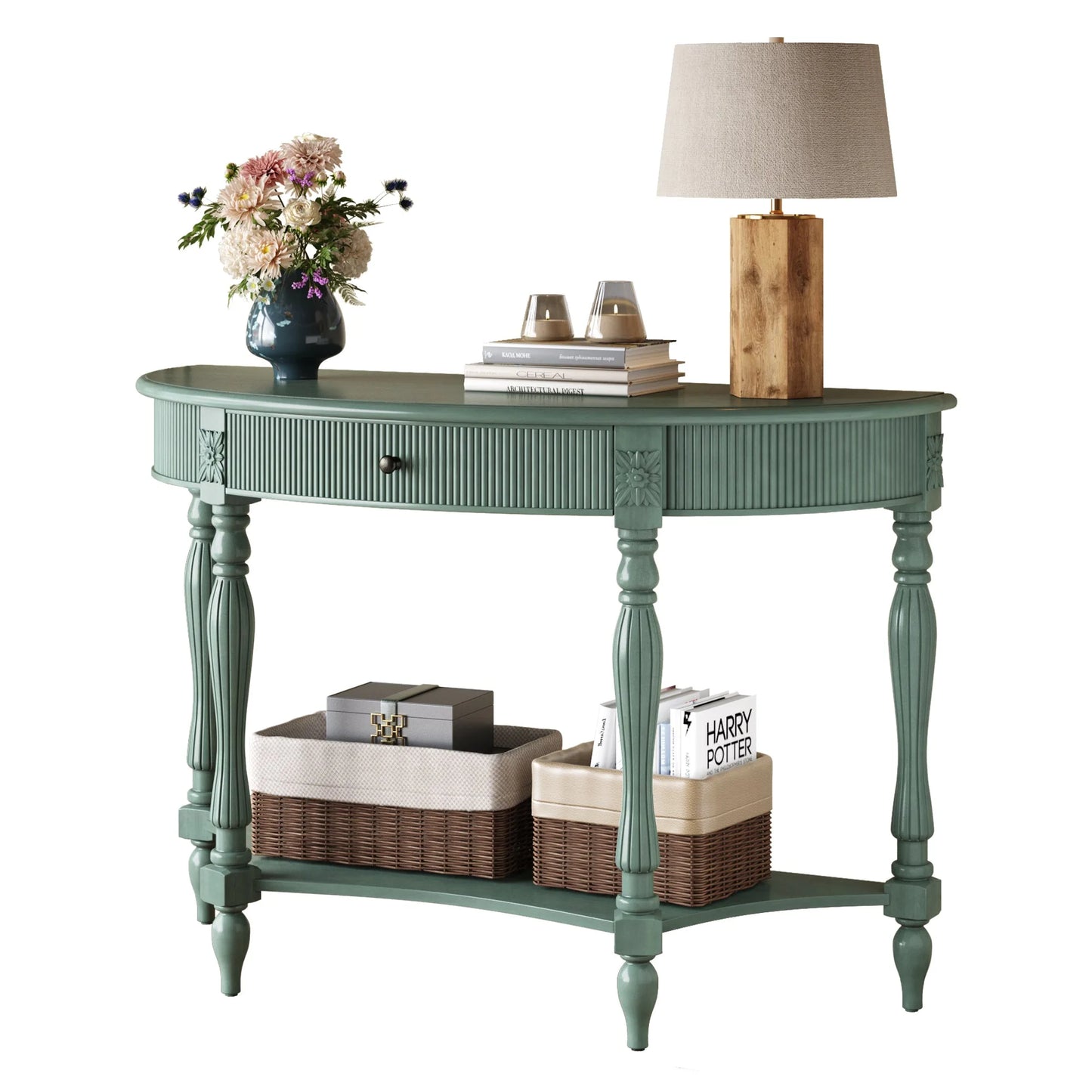 Solid Wood Half Moon Console Table with Drawer & Shelf, Fluted Vintage Curved Entryway Table for Hallway Living Room Foyer, Narrow Space Sofa Table with Roman Column Carved Legs, Deep Rustic Brown detail view 75