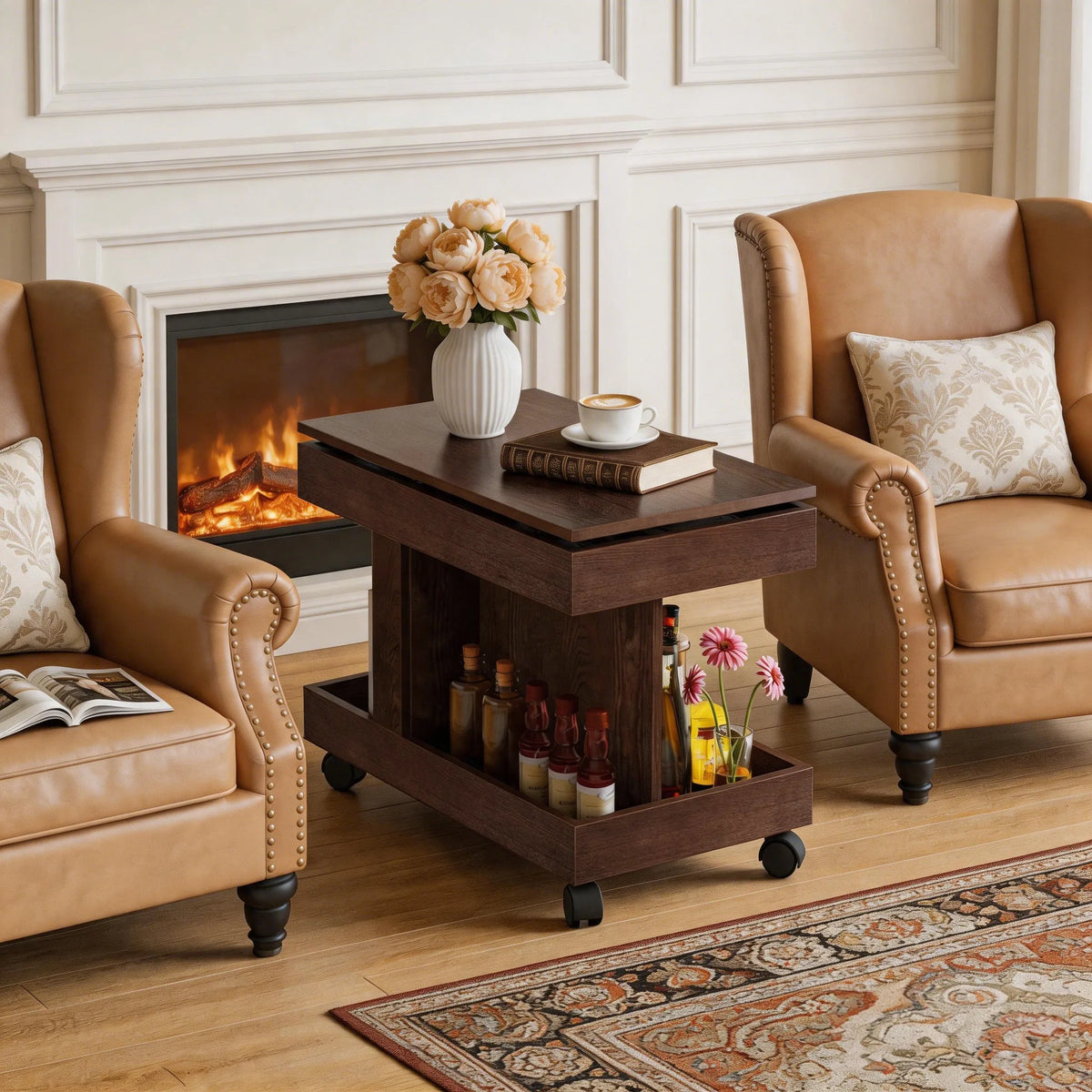 Rolling Coffee Table with 360-Degree Rotating Top and Storage, Walnut