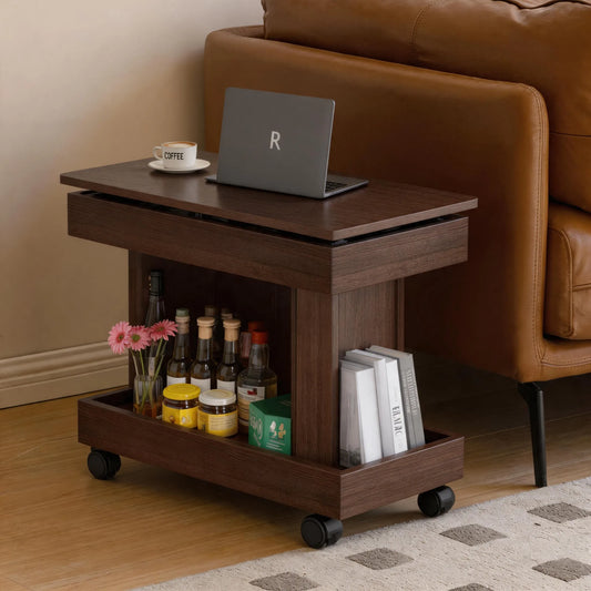 Small Coffee Table with Wheels, 360° Rotating Desktop Multi-Functional Side Table, Rolling End Table with Storage Compartment, Mobile Bedside Table for Living Room Bedroom Home Furniture, Walnut detail view 2