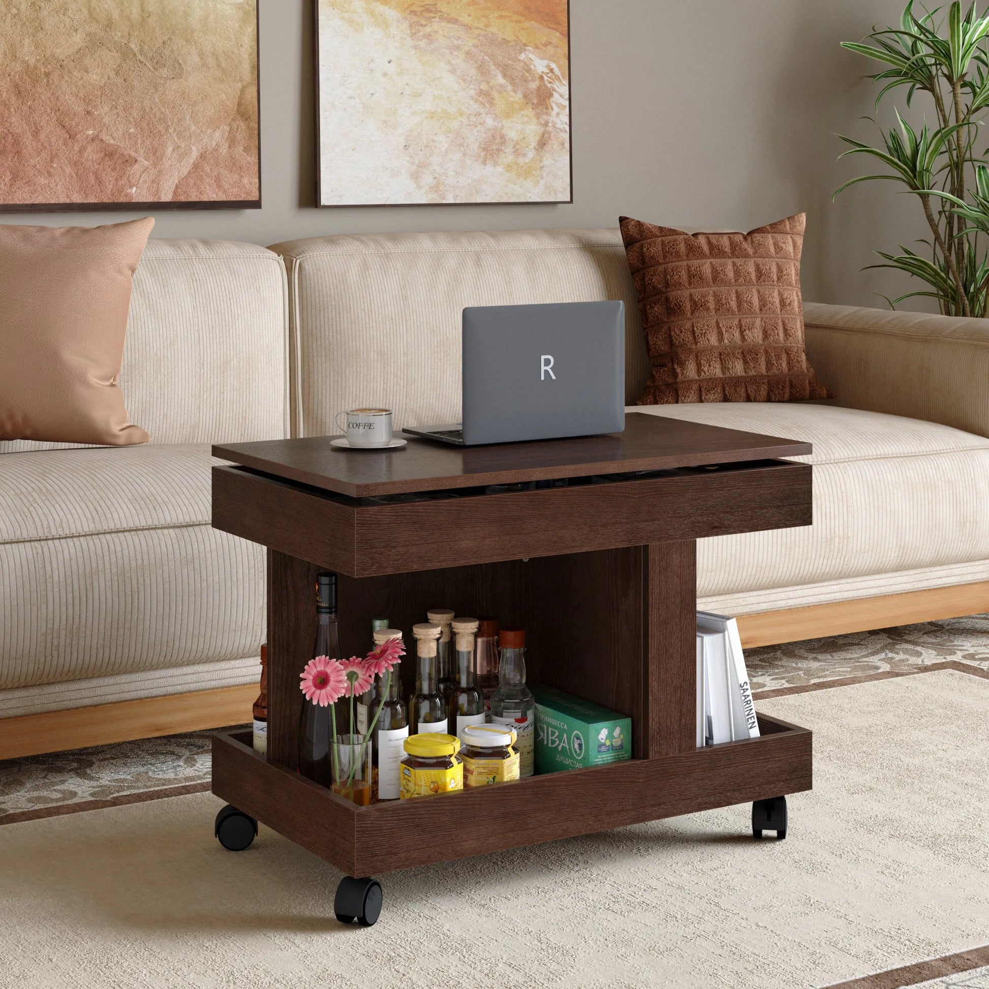 Small Coffee Table with Wheels, 360° Rotating Desktop Multi-Functional Side Table, Rolling End Table with Storage Compartment, Mobile Bedside Table for Living Room Bedroom Home Furniture, Walnut detail view 3