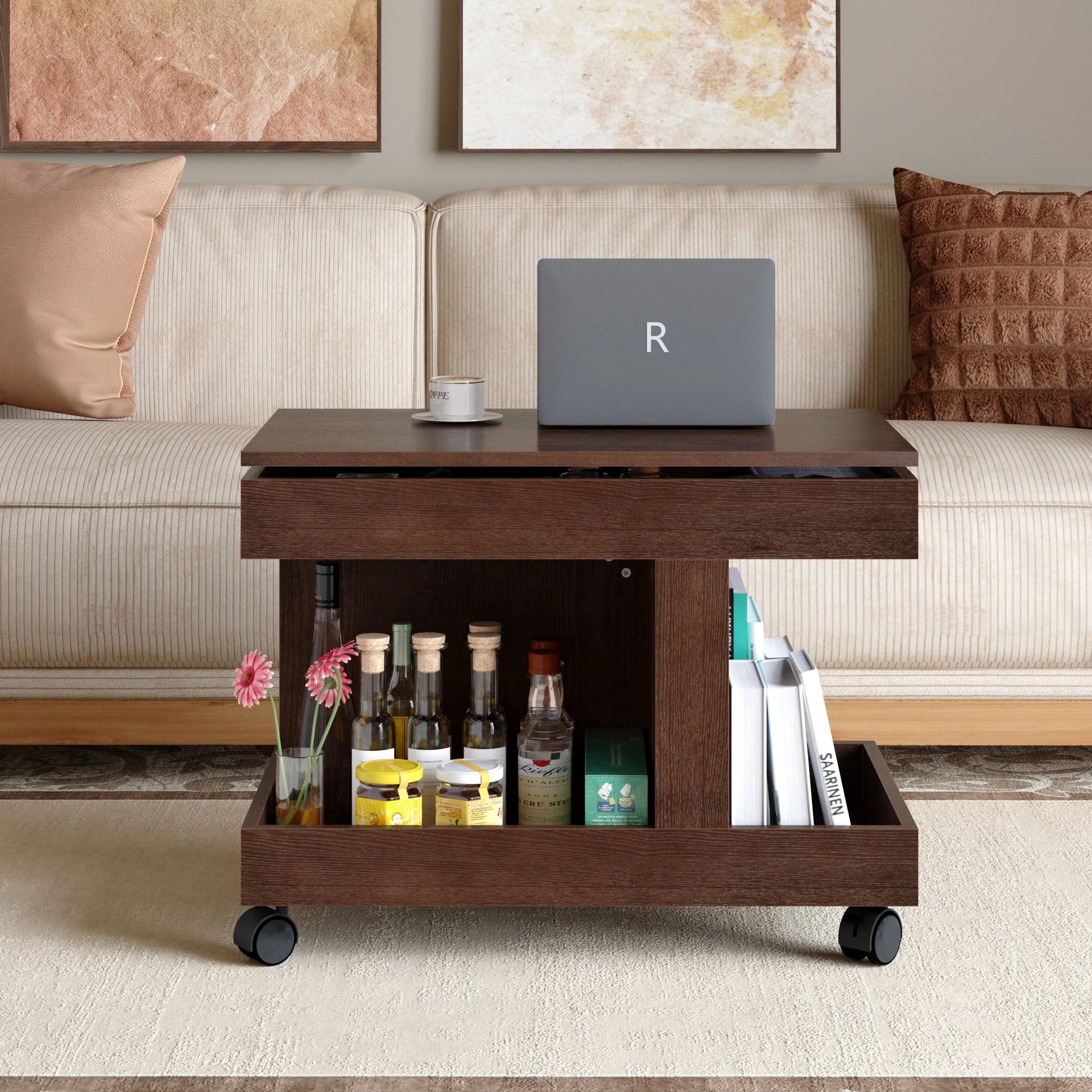 Small Coffee Table with Wheels, 360° Rotating Desktop Multi-Functional Side Table, Rolling End Table with Storage Compartment, Mobile Bedside Table for Living Room Bedroom Home Furniture, Walnut detail view 4