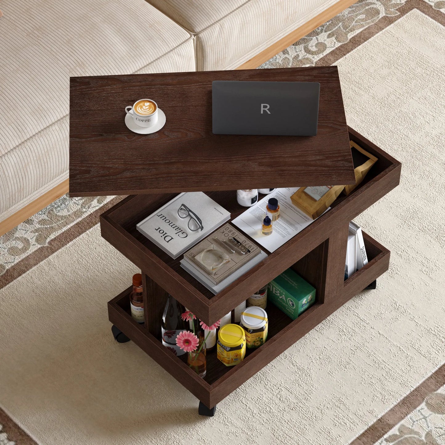 Small Coffee Table with Wheels, 360° Rotating Desktop Multi-Functional Side Table, Rolling End Table with Storage Compartment, Mobile Bedside Table for Living Room Bedroom Home Furniture, Walnut detail view 5