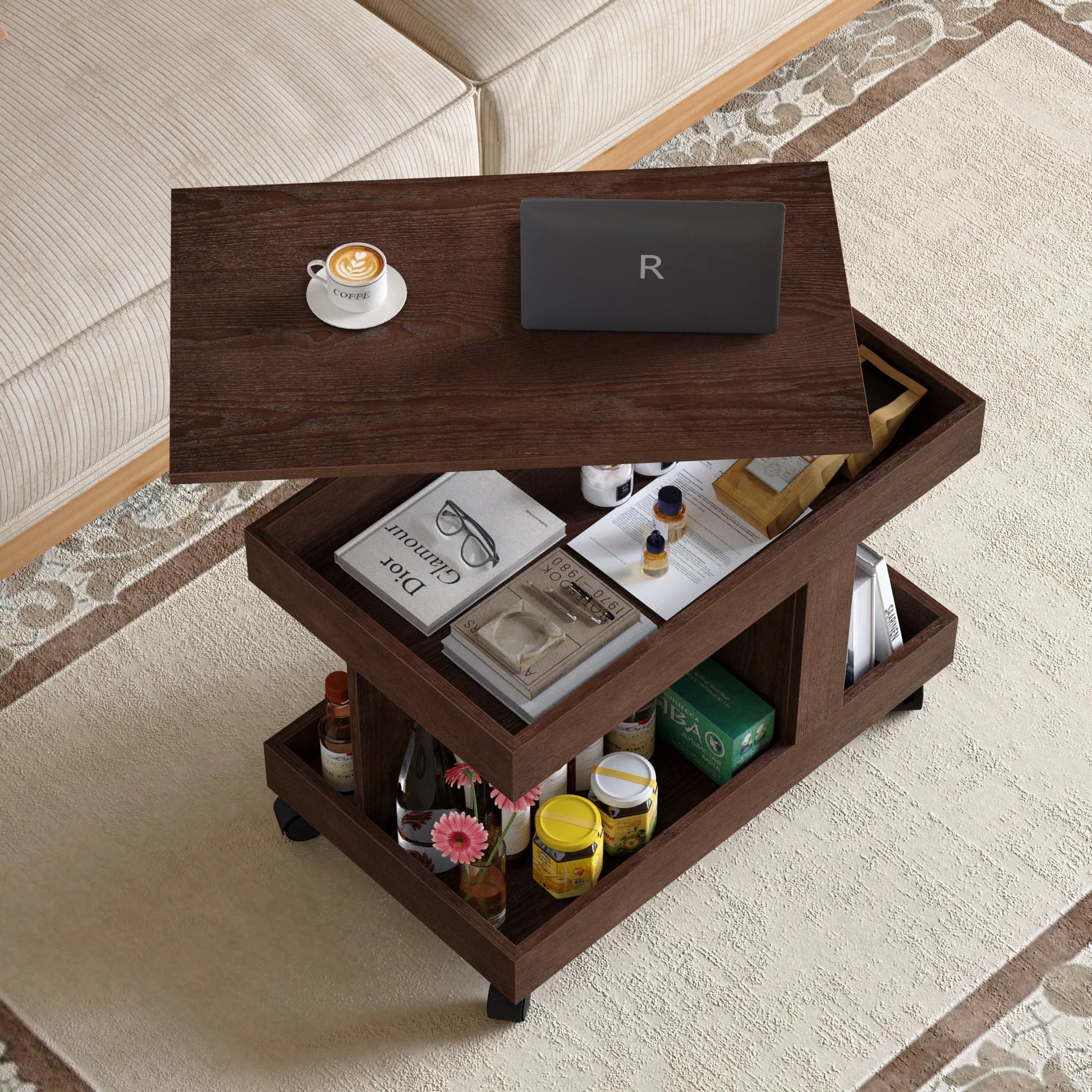 Small Coffee Table with Wheels, 360° Rotating Desktop Multi-Functional Side Table, Rolling End Table with Storage Compartment, Mobile Bedside Table for Living Room Bedroom Home Furniture, Walnut detail view 5