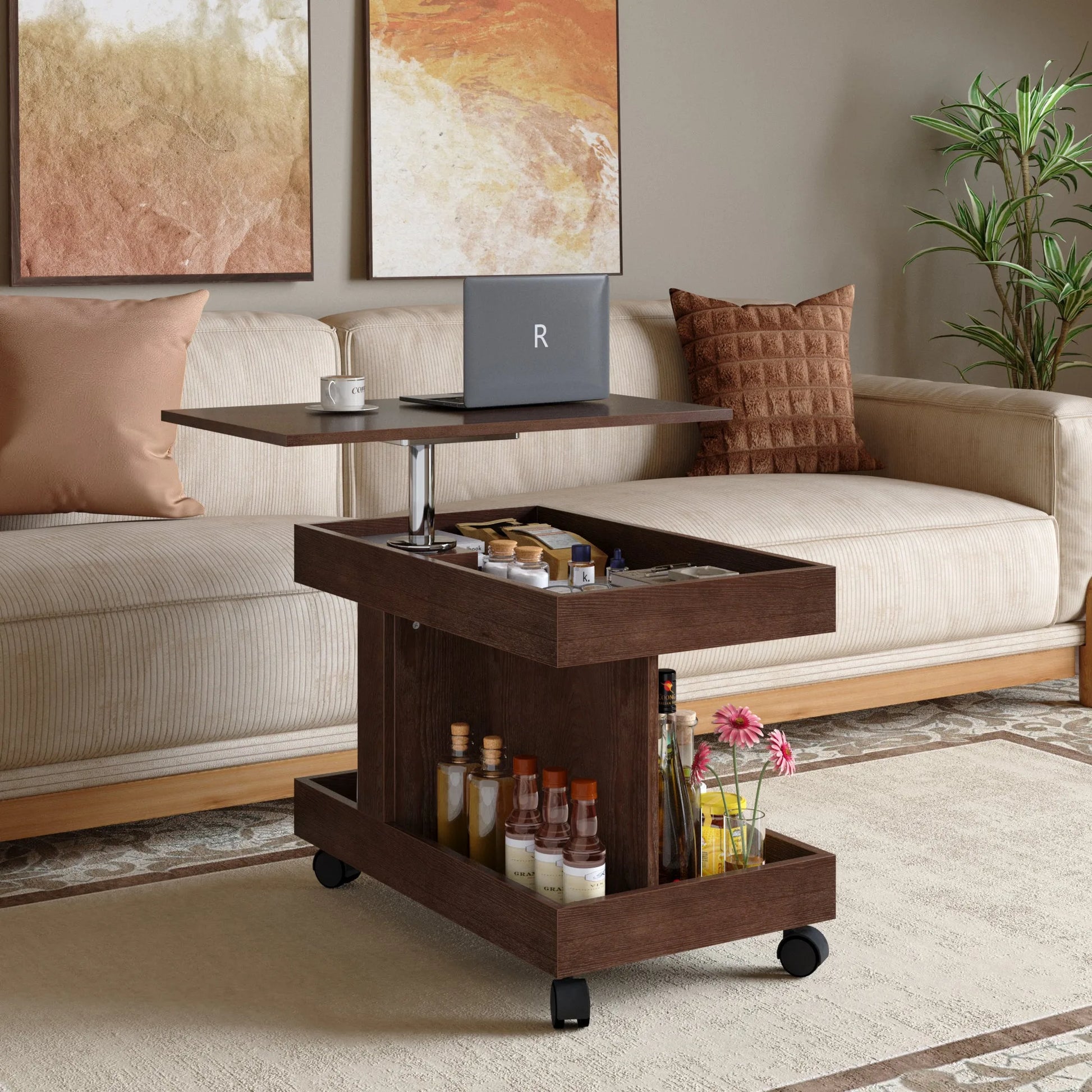 Small Coffee Table with Wheels, 360° Rotating Desktop Multi-Functional Side Table, Rolling End Table with Storage Compartment, Mobile Bedside Table for Living Room Bedroom Home Furniture, Walnut detail view 6