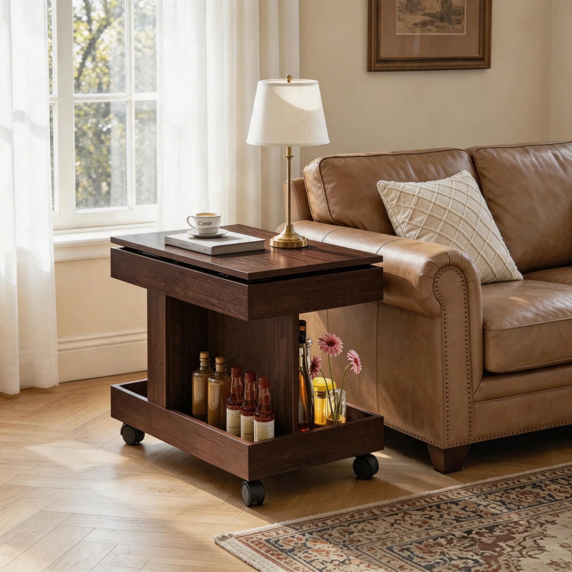 Small Coffee Table with Wheels, 360° Rotating Desktop Multi-Functional Side Table, Rolling End Table with Storage Compartment, Mobile Bedside Table for Living Room Bedroom Home Furniture, Walnut detail view 7