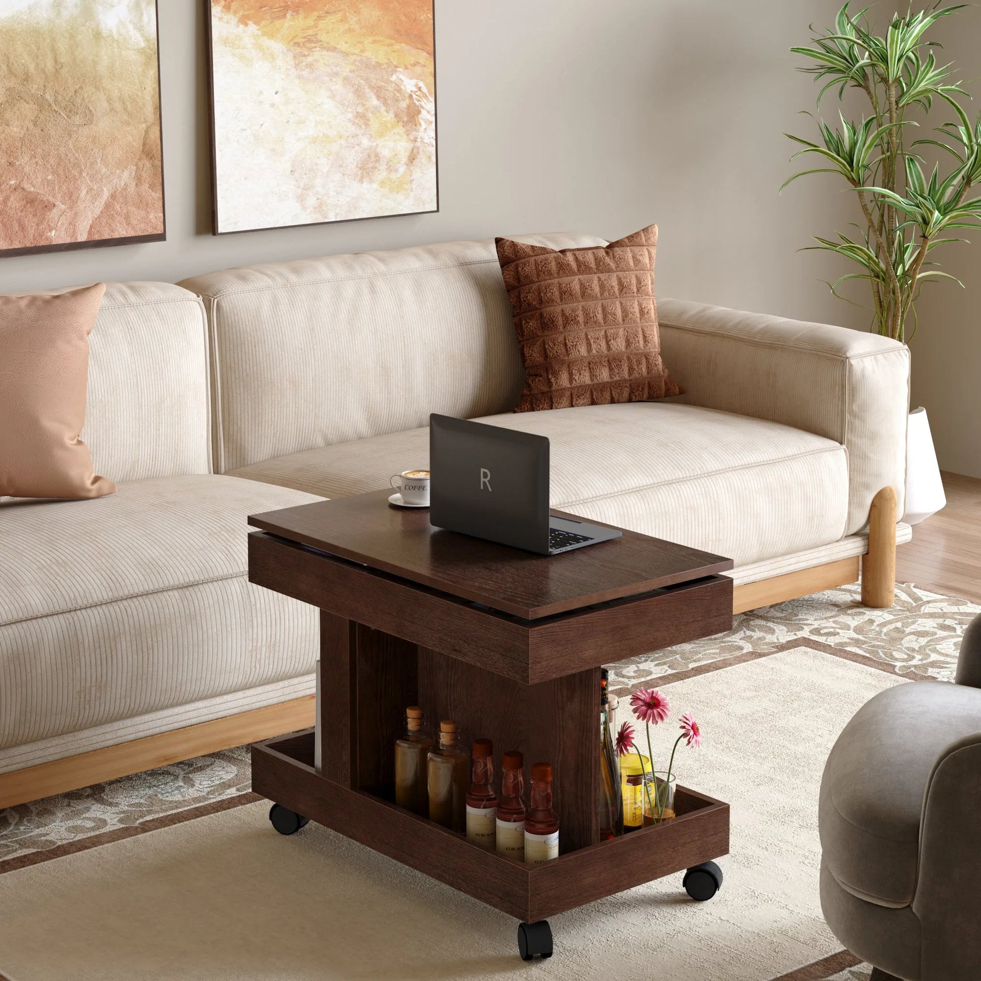 Small Coffee Table with Wheels, 360° Rotating Desktop Multi-Functional Side Table, Rolling End Table with Storage Compartment, Mobile Bedside Table for Living Room Bedroom Home Furniture, Walnut detail view 8