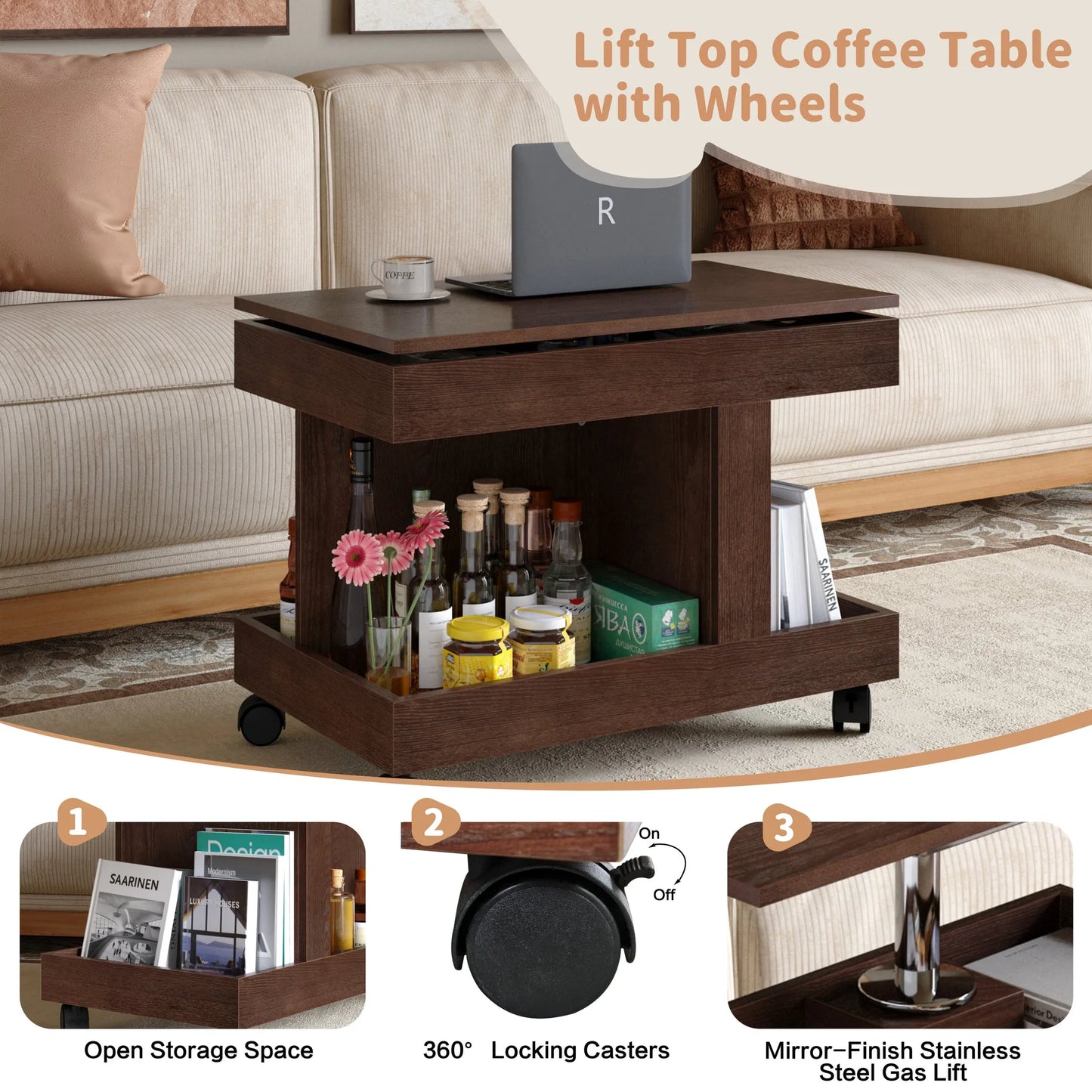 Small Coffee Table with Wheels, 360° Rotating Desktop Multi-Functional Side Table, Rolling End Table with Storage Compartment, Mobile Bedside Table for Living Room Bedroom Home Furniture, Walnut detail view 9
