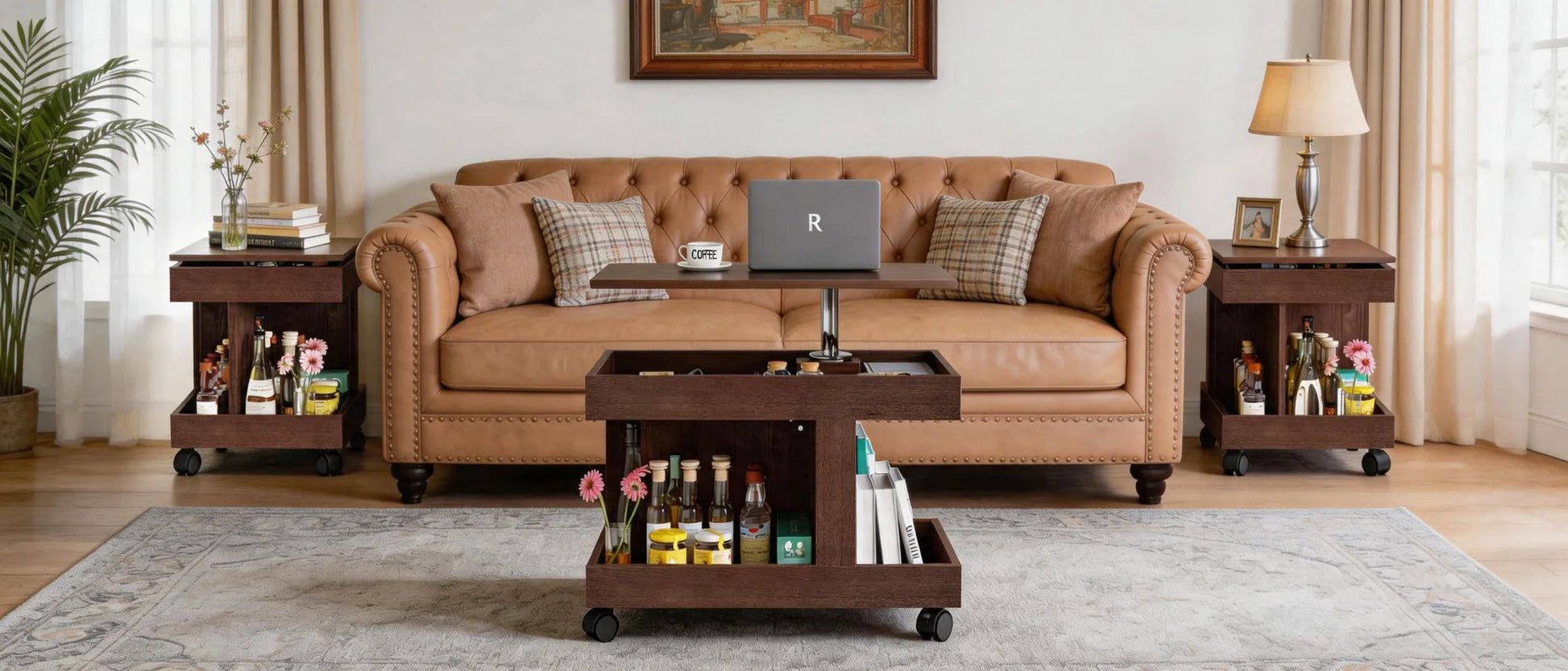 Small Coffee Table with Wheels, 360° Rotating Desktop Multi-Functional Side Table, Rolling End Table with Storage Compartment, Mobile Bedside Table for Living Room Bedroom Home Furniture, Walnut detail view 11