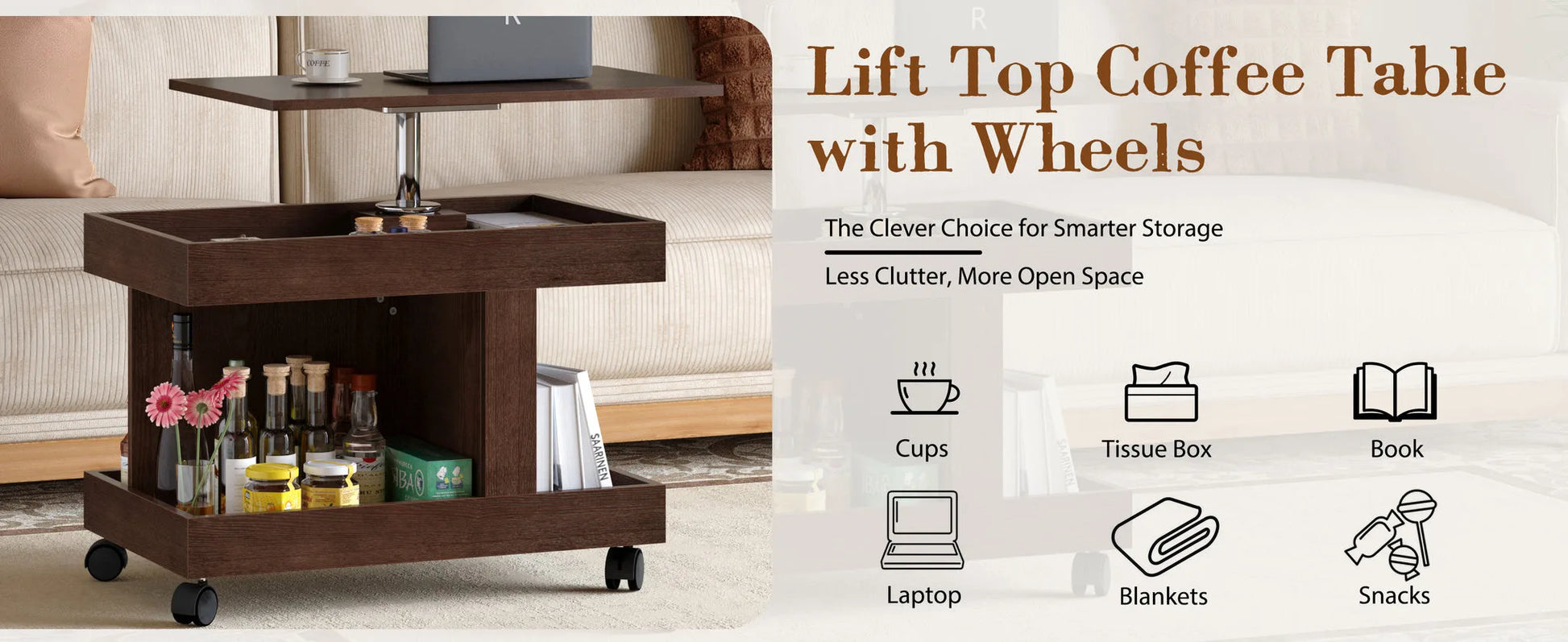 Small Coffee Table with Wheels, 360° Rotating Desktop Multi-Functional Side Table, Rolling End Table with Storage Compartment, Mobile Bedside Table for Living Room Bedroom Home Furniture, Walnut detail view 12