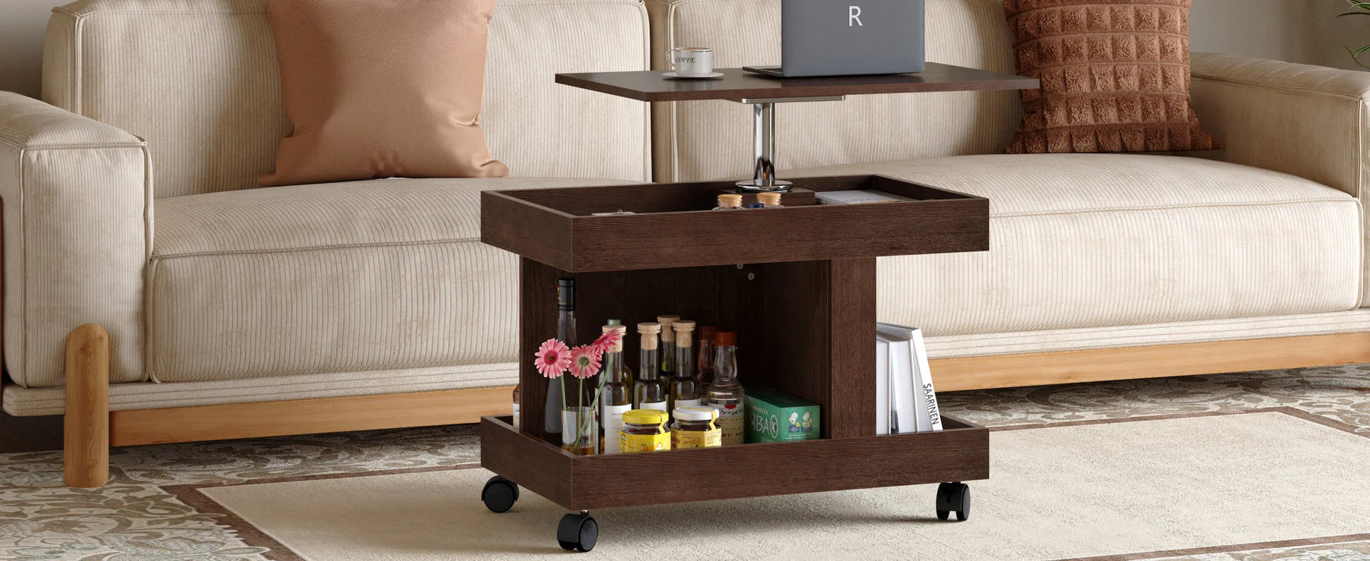 Small Coffee Table with Wheels, 360° Rotating Desktop Multi-Functional Side Table, Rolling End Table with Storage Compartment, Mobile Bedside Table for Living Room Bedroom Home Furniture, Walnut detail view 13