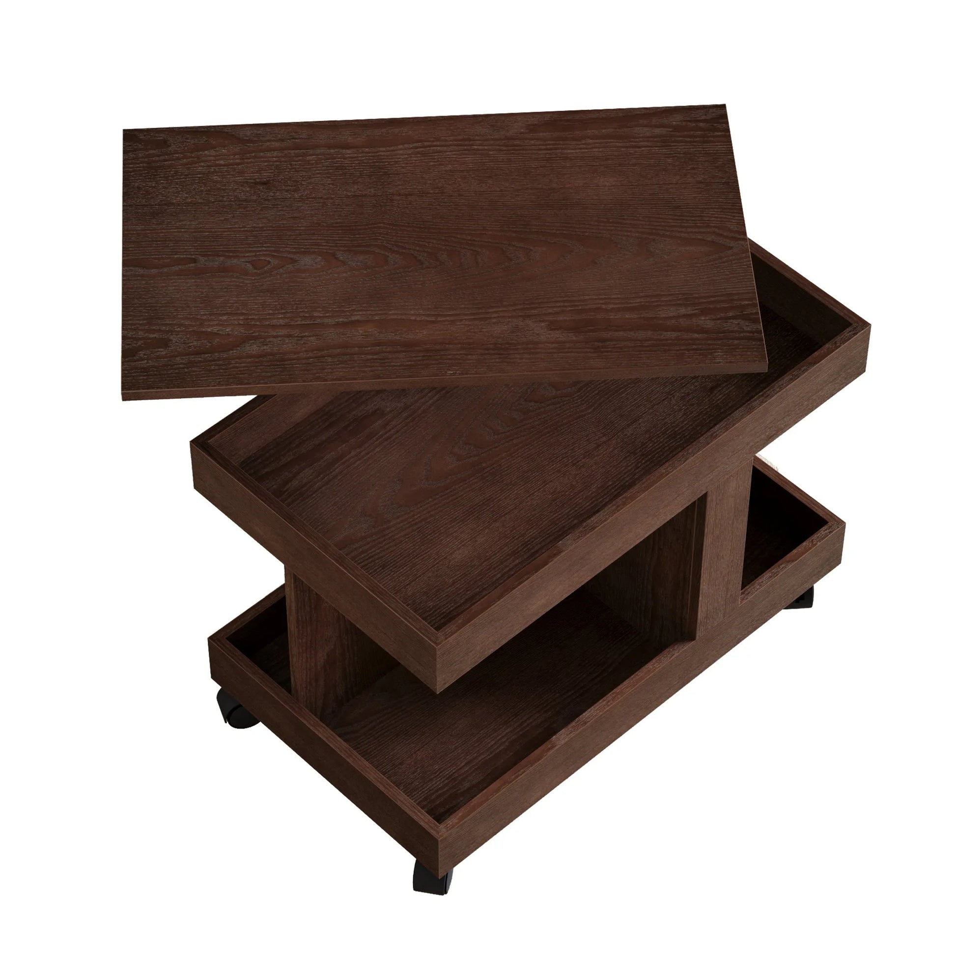 Small Coffee Table with Wheels, 360° Rotating Desktop Multi-Functional Side Table, Rolling End Table with Storage Compartment, Mobile Bedside Table for Living Room Bedroom Home Furniture, Walnut detail view 18