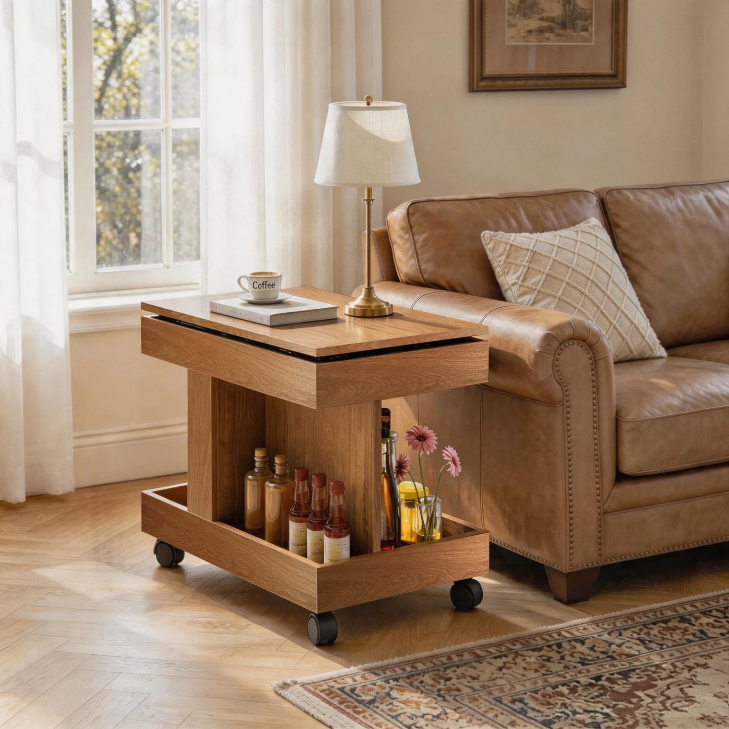 Small Coffee Table with Wheels, 360° Rotating Desktop Multi-Functional Side Table, Rolling End Table with Storage Compartment, Mobile Bedside Table for Living Room Bedroom Home Furniture, Walnut detail view 19