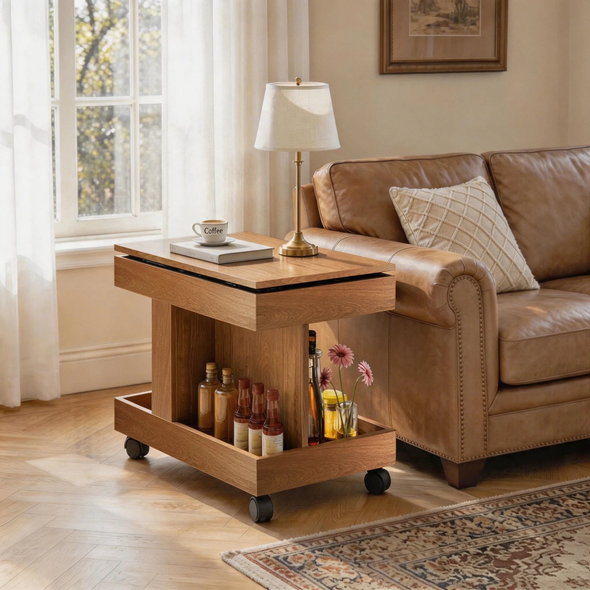 Small Coffee Table with Wheels, 360° Rotating Desktop Multi-Functional Side Table, Rolling End Table with Storage Compartment, Mobile Bedside Table for Living Room Bedroom Home Furniture, Walnut detail view 19
