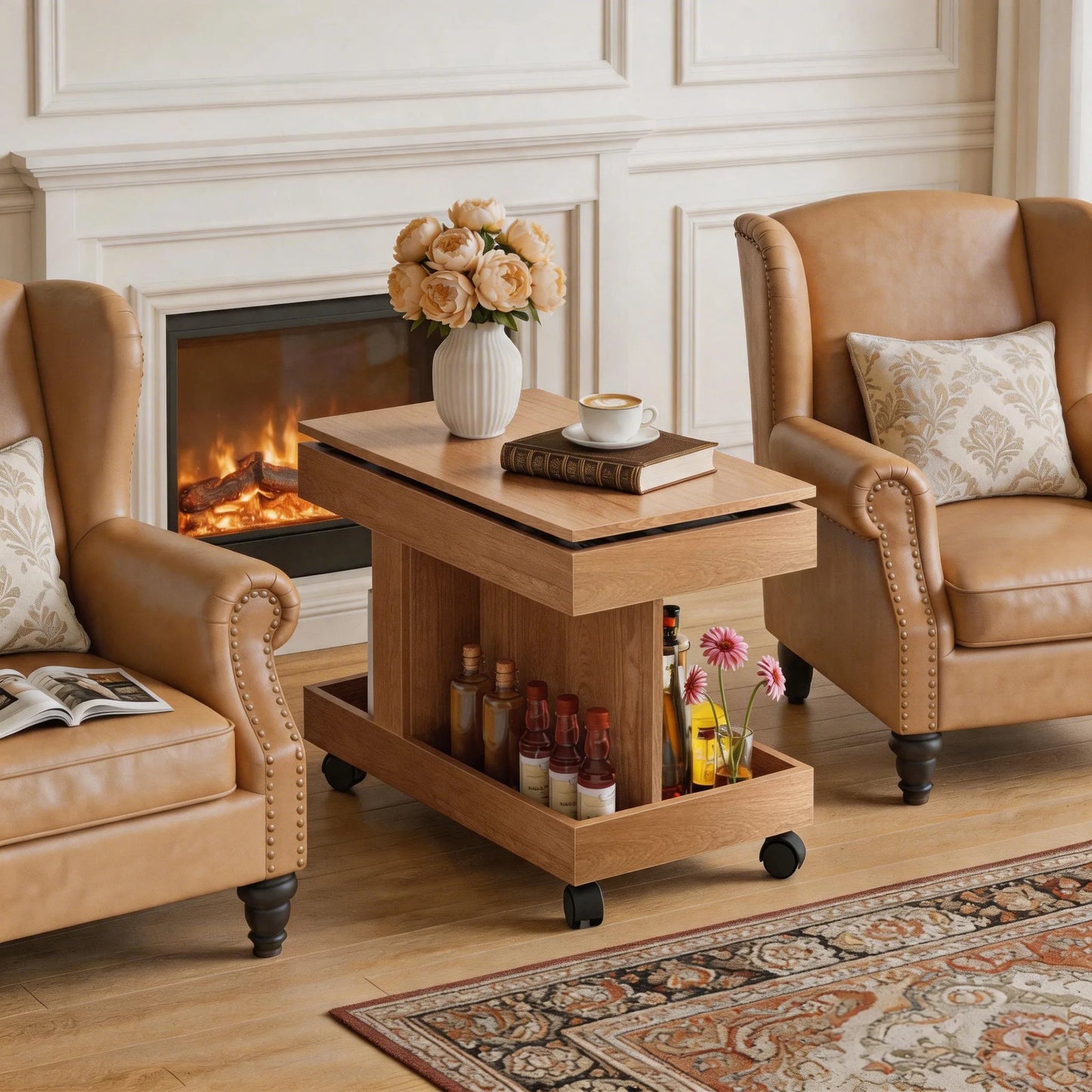Small Coffee Table with Wheels, 360° Rotating Desktop Multi-Functional Side Table, Rolling End Table with Storage Compartment, Mobile Bedside Table for Living Room Bedroom Home Furniture, Walnut detail view 20