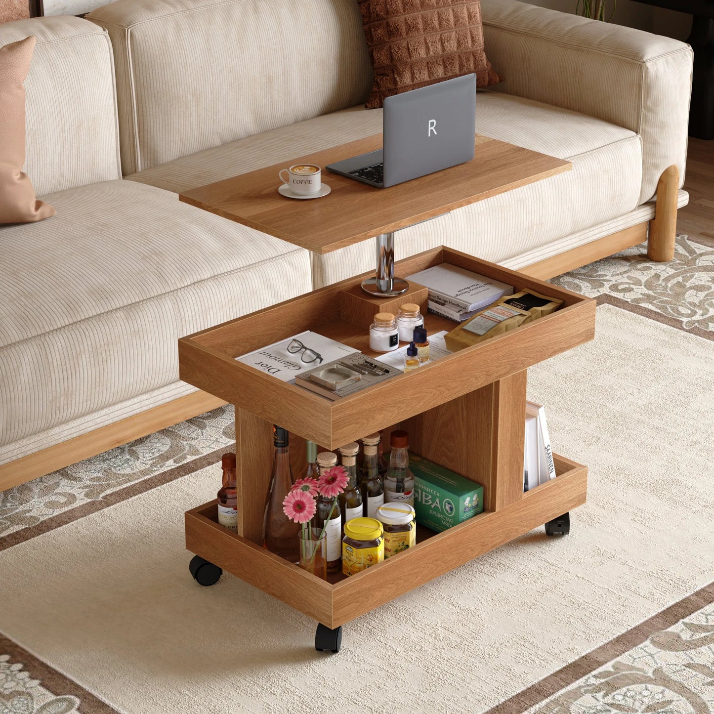 Small Coffee Table with Wheels, 360° Rotating Desktop Multi-Functional Side Table, Rolling End Table with Storage Compartment, Mobile Bedside Table for Living Room Bedroom Home Furniture, Walnut detail view 21