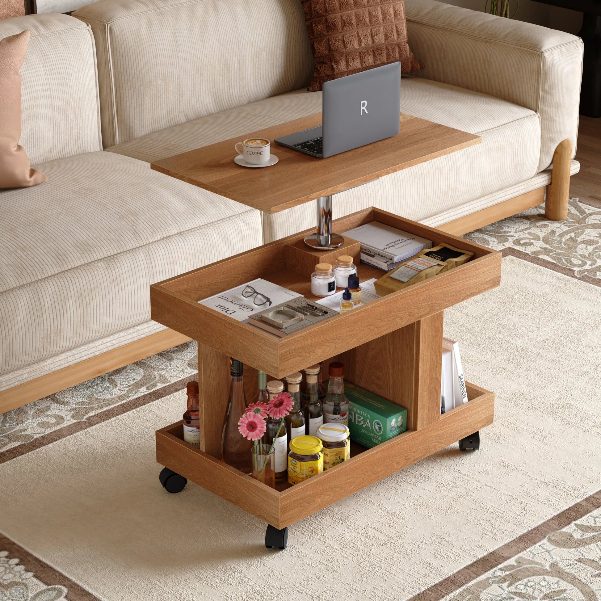 Small Coffee Table with Wheels, 360° Rotating Desktop Multi-Functional Side Table, Rolling End Table with Storage Compartment, Mobile Bedside Table for Living Room Bedroom Home Furniture, Walnut detail view 21