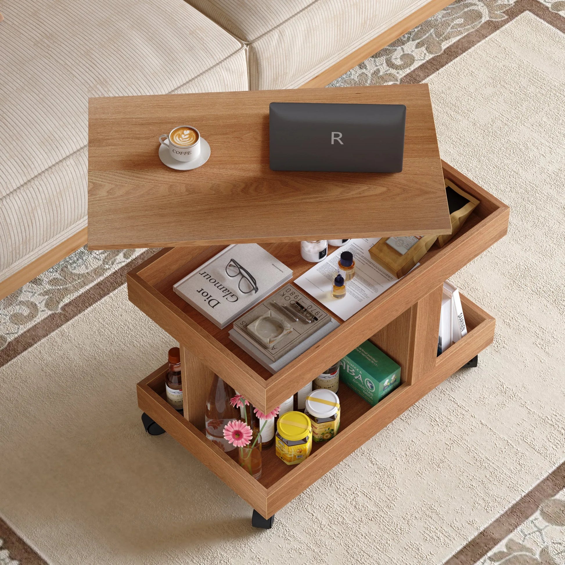 Small Coffee Table with Wheels, 360° Rotating Desktop Multi-Functional Side Table, Rolling End Table with Storage Compartment, Mobile Bedside Table for Living Room Bedroom Home Furniture, Walnut detail view 22