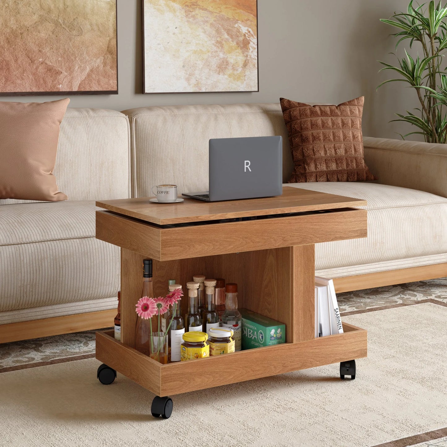 Small Coffee Table with Wheels, 360° Rotating Desktop Multi-Functional Side Table, Rolling End Table with Storage Compartment, Mobile Bedside Table for Living Room Bedroom Home Furniture, Walnut detail view 23