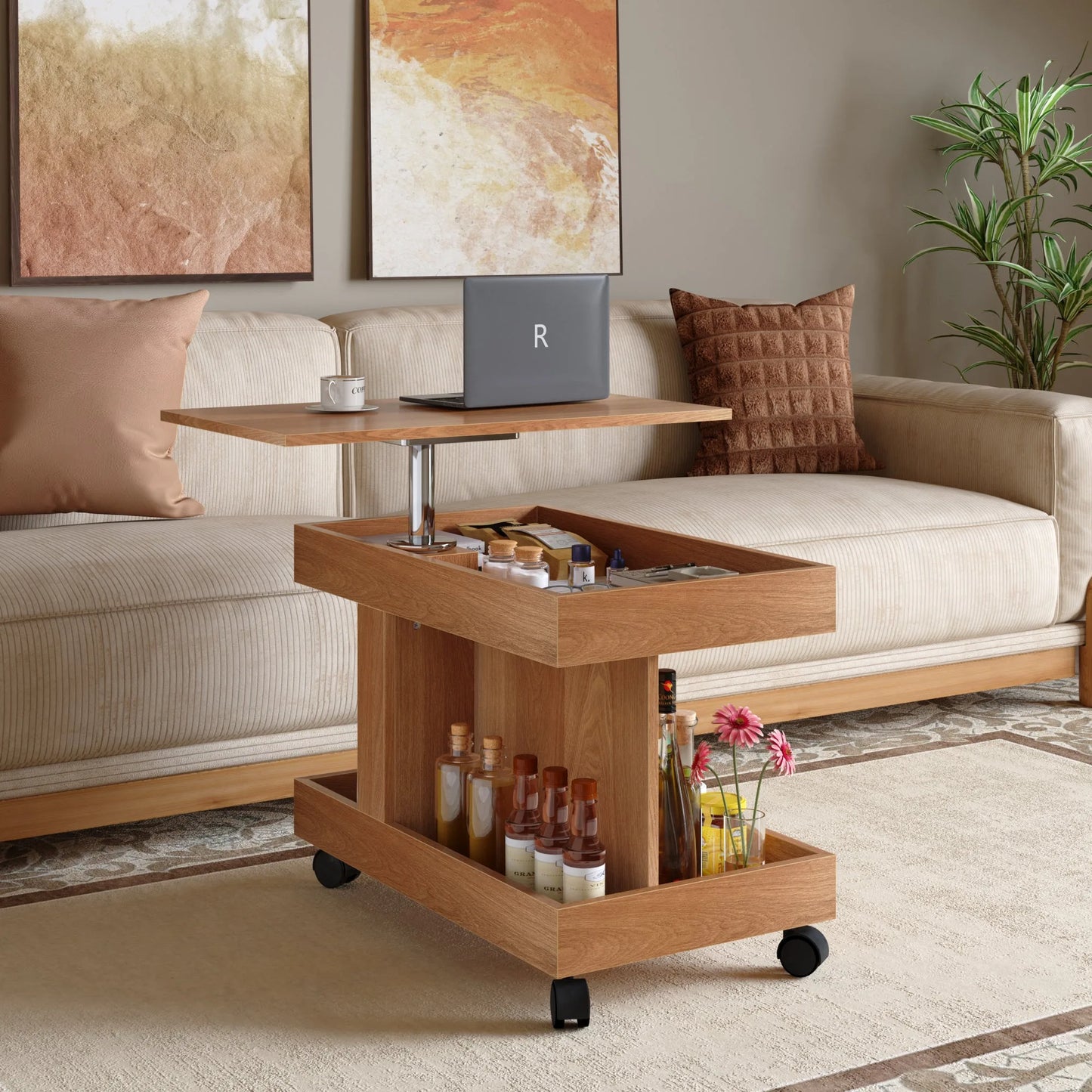 Small Coffee Table with Wheels, 360° Rotating Desktop Multi-Functional Side Table, Rolling End Table with Storage Compartment, Mobile Bedside Table for Living Room Bedroom Home Furniture, Walnut detail view 24
