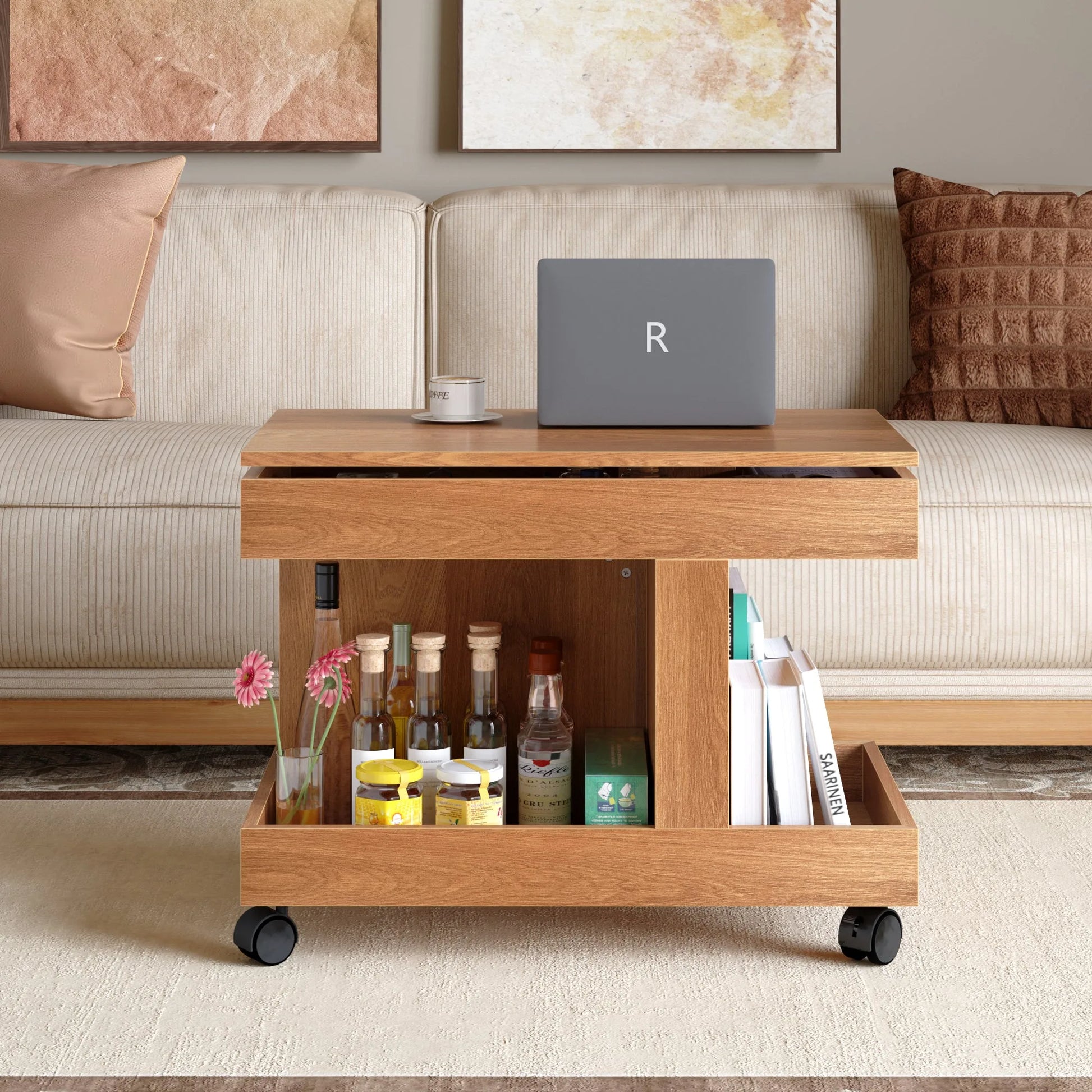 Small Coffee Table with Wheels, 360° Rotating Desktop Multi-Functional Side Table, Rolling End Table with Storage Compartment, Mobile Bedside Table for Living Room Bedroom Home Furniture, Walnut detail view 25