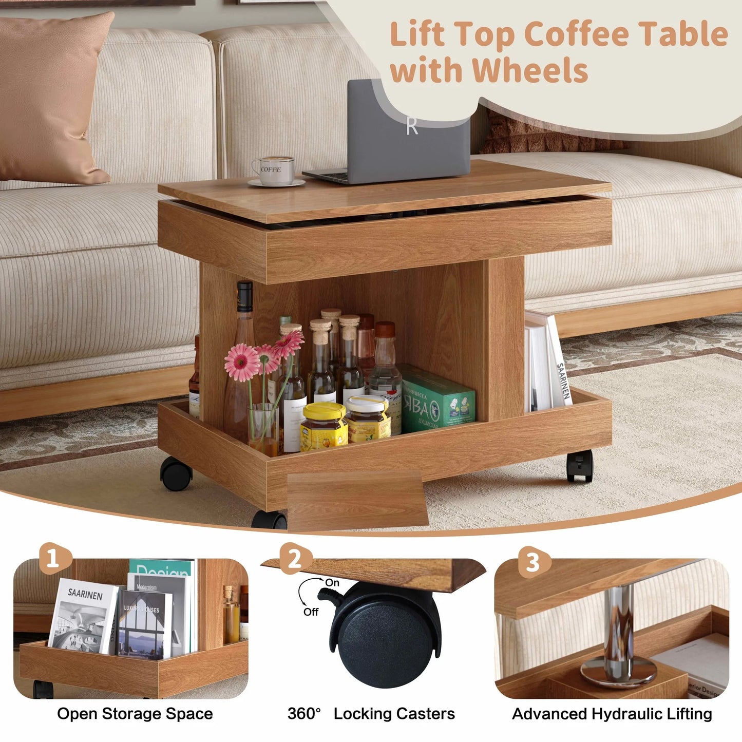 Small Coffee Table with Wheels, 360° Rotating Desktop Multi-Functional Side Table, Rolling End Table with Storage Compartment, Mobile Bedside Table for Living Room Bedroom Home Furniture, Walnut detail view 26