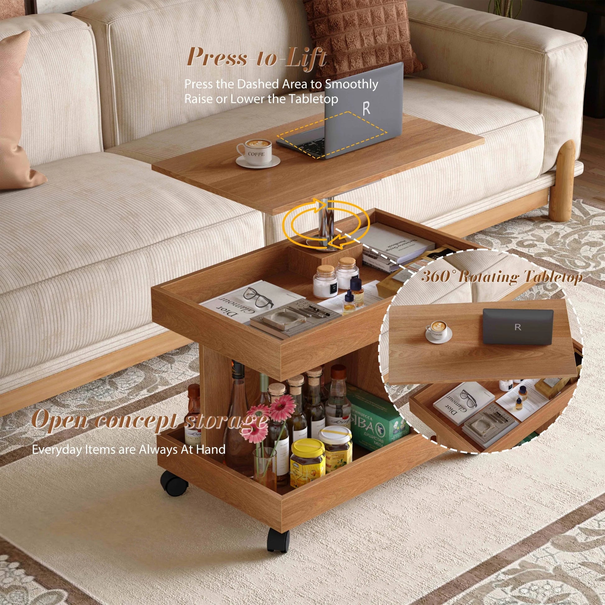 Small Coffee Table with Wheels, 360° Rotating Desktop Multi-Functional Side Table, Rolling End Table with Storage Compartment, Mobile Bedside Table for Living Room Bedroom Home Furniture, Walnut detail view 27
