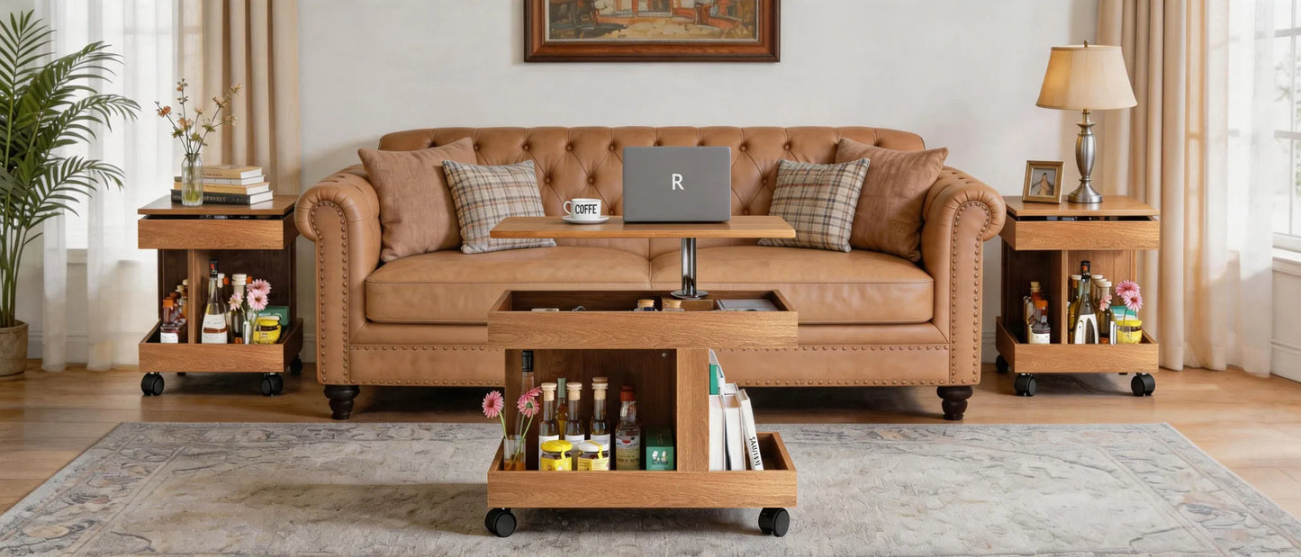 Small Coffee Table with Wheels, 360° Rotating Desktop Multi-Functional Side Table, Rolling End Table with Storage Compartment, Mobile Bedside Table for Living Room Bedroom Home Furniture, Walnut detail view 28