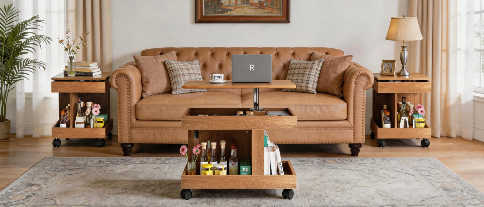 Small Coffee Table with Wheels, 360° Rotating Desktop Multi-Functional Side Table, Rolling End Table with Storage Compartment, Mobile Bedside Table for Living Room Bedroom Home Furniture, Walnut detail view 28