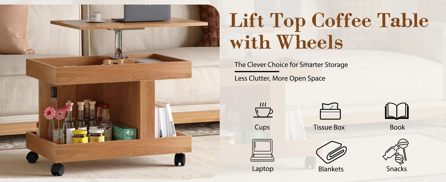 Small Coffee Table with Wheels, 360° Rotating Desktop Multi-Functional Side Table, Rolling End Table with Storage Compartment, Mobile Bedside Table for Living Room Bedroom Home Furniture, Walnut detail view 29