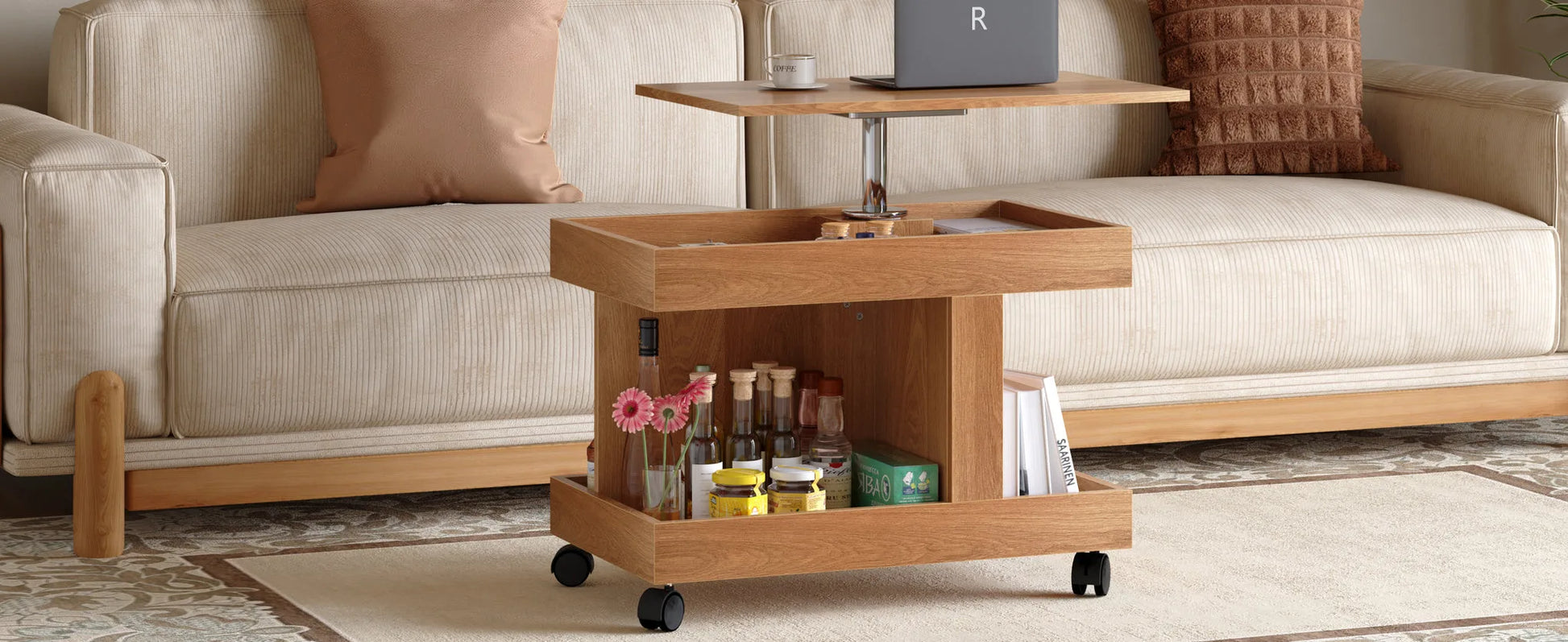 Small Coffee Table with Wheels, 360° Rotating Desktop Multi-Functional Side Table, Rolling End Table with Storage Compartment, Mobile Bedside Table for Living Room Bedroom Home Furniture, Walnut detail view 30