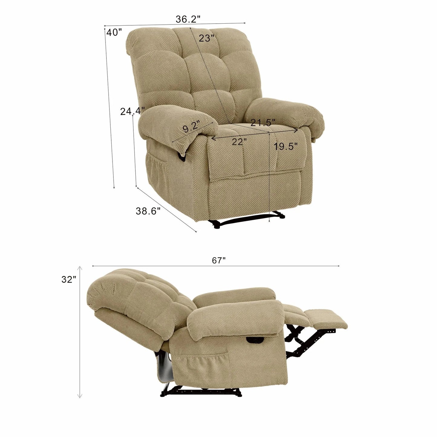 Manual Recliner, Living Room Seating, Reading Chair, Padded Footrest, Home Theater Seating, Ergonomic Lounge Chair, Soft Fabric Recliner detail view 13