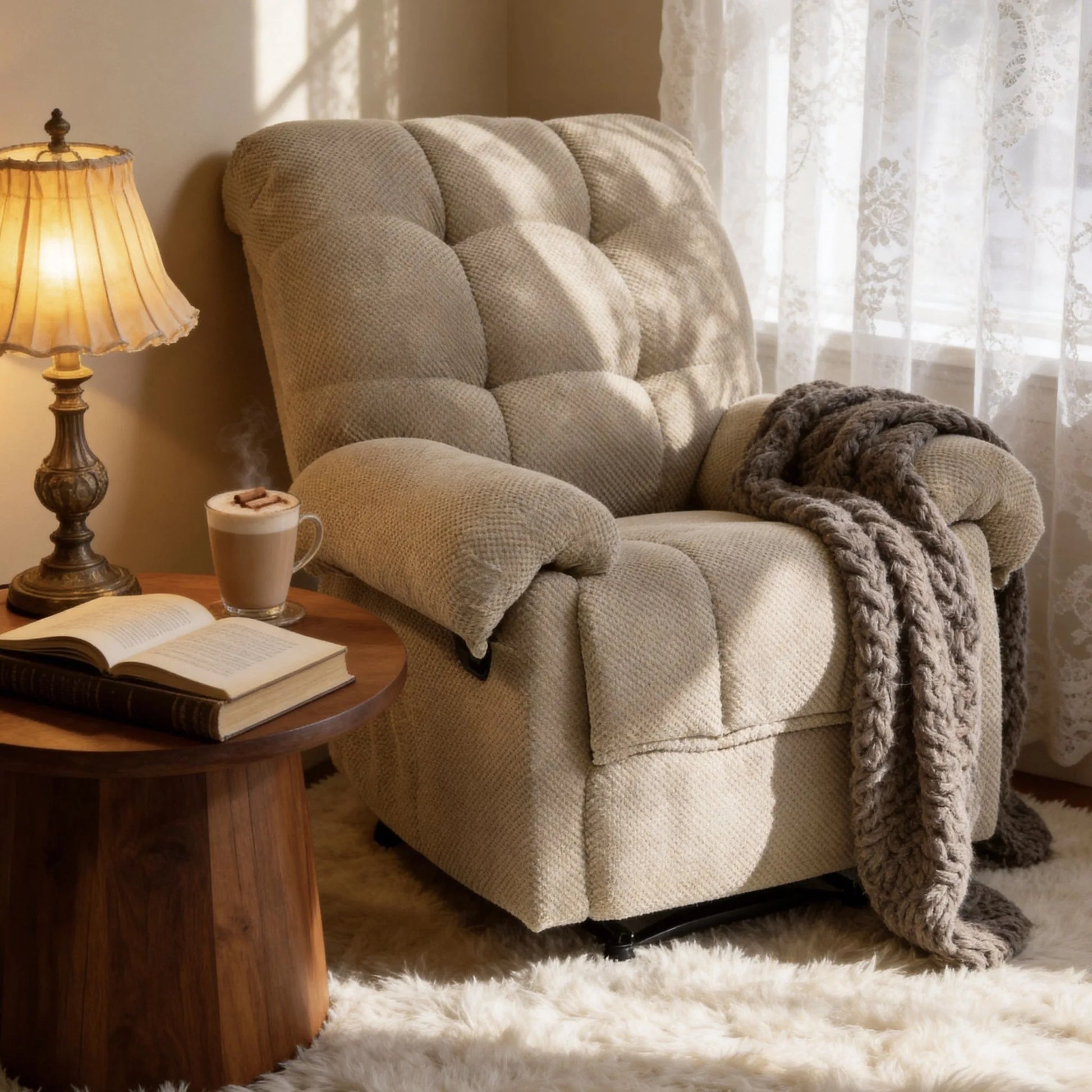 Manual Recliner, Living Room Seating, Reading Chair, Padded Footrest, Home Theater Seating, Ergonomic Lounge Chair, Soft Fabric Recliner detail view 14