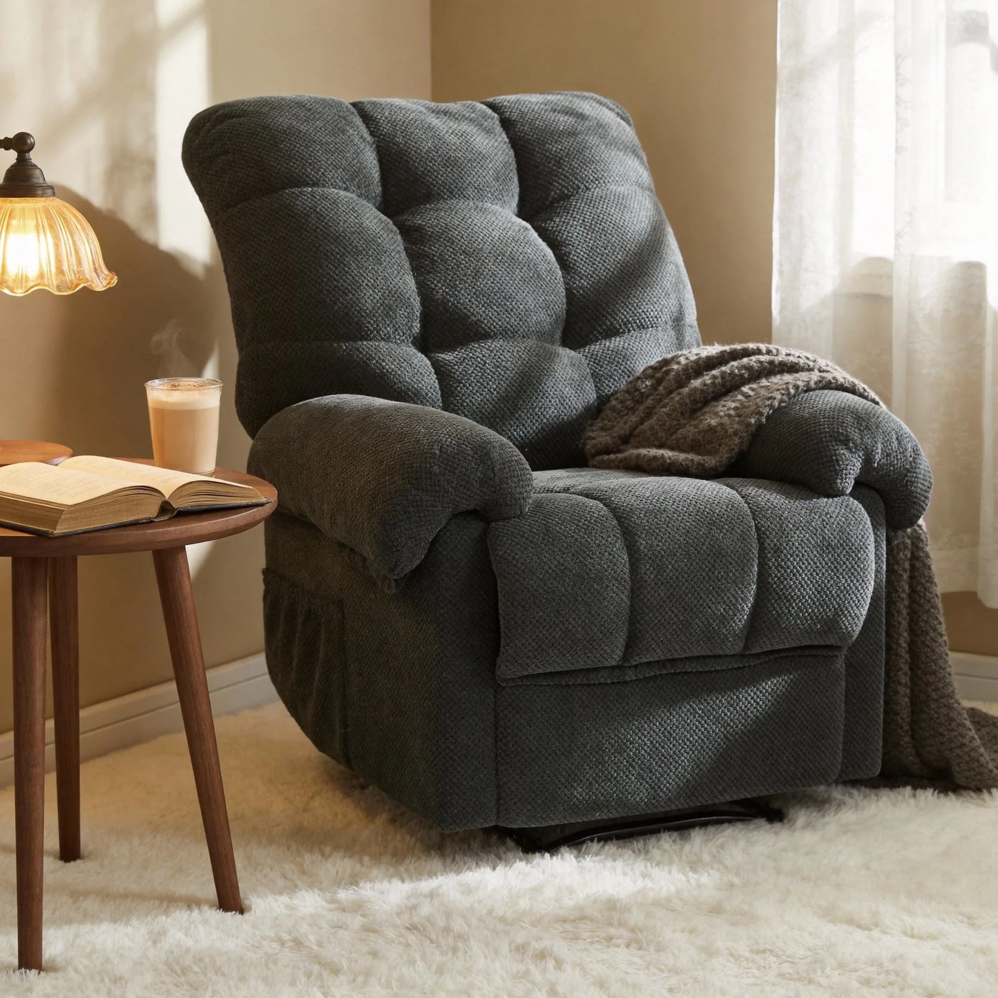 Manual Recliner, Living Room Seating, Reading Chair, Padded Footrest, Home Theater Seating, Ergonomic Lounge Chair, Soft Fabric Recliner detail view 24