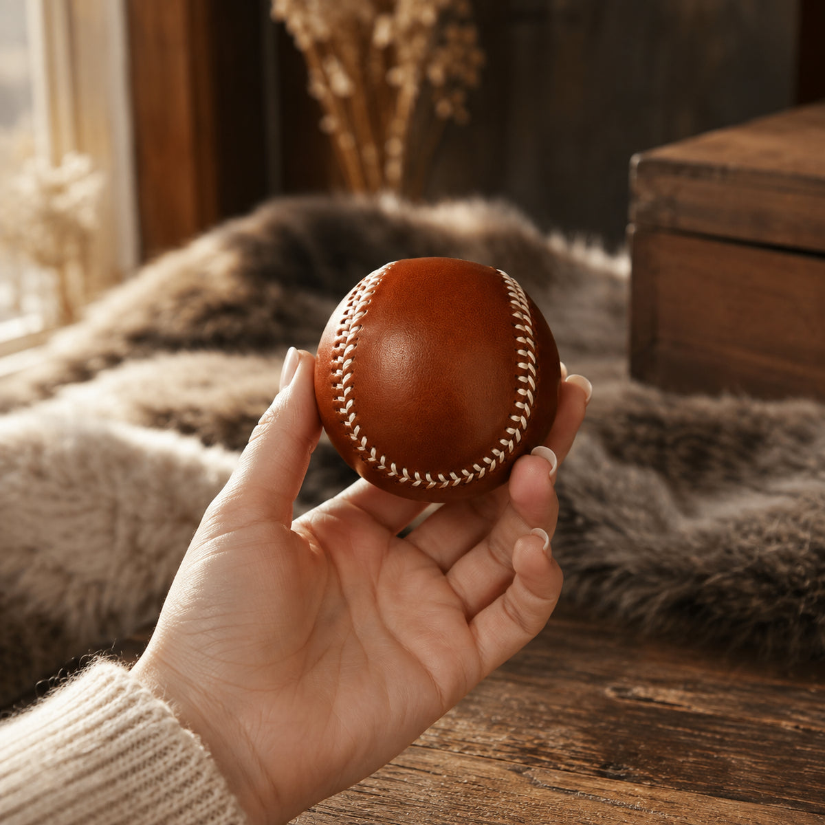 Coffee brown leather baseball held above a warm wood table