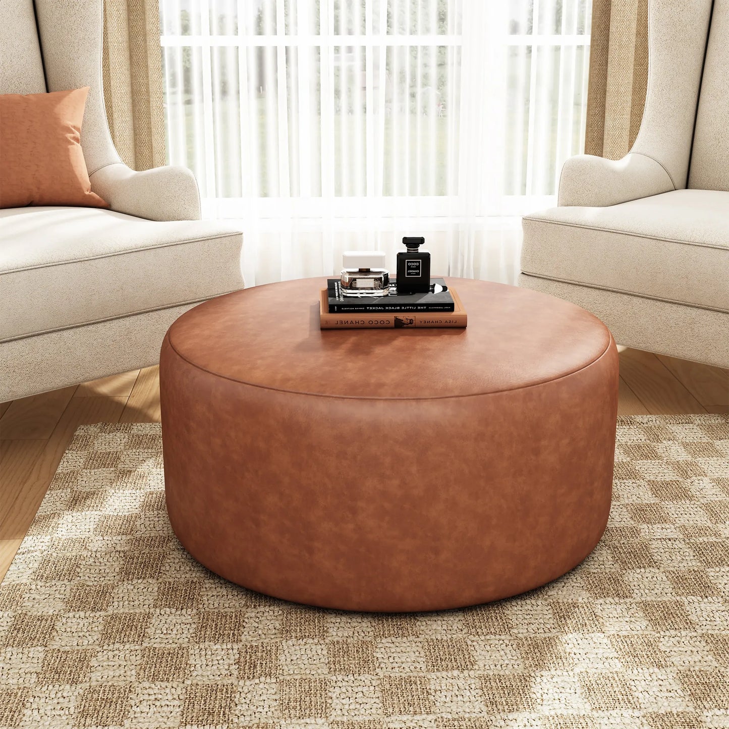 Round Faux Leather Ottoman – Cognac – view 1
