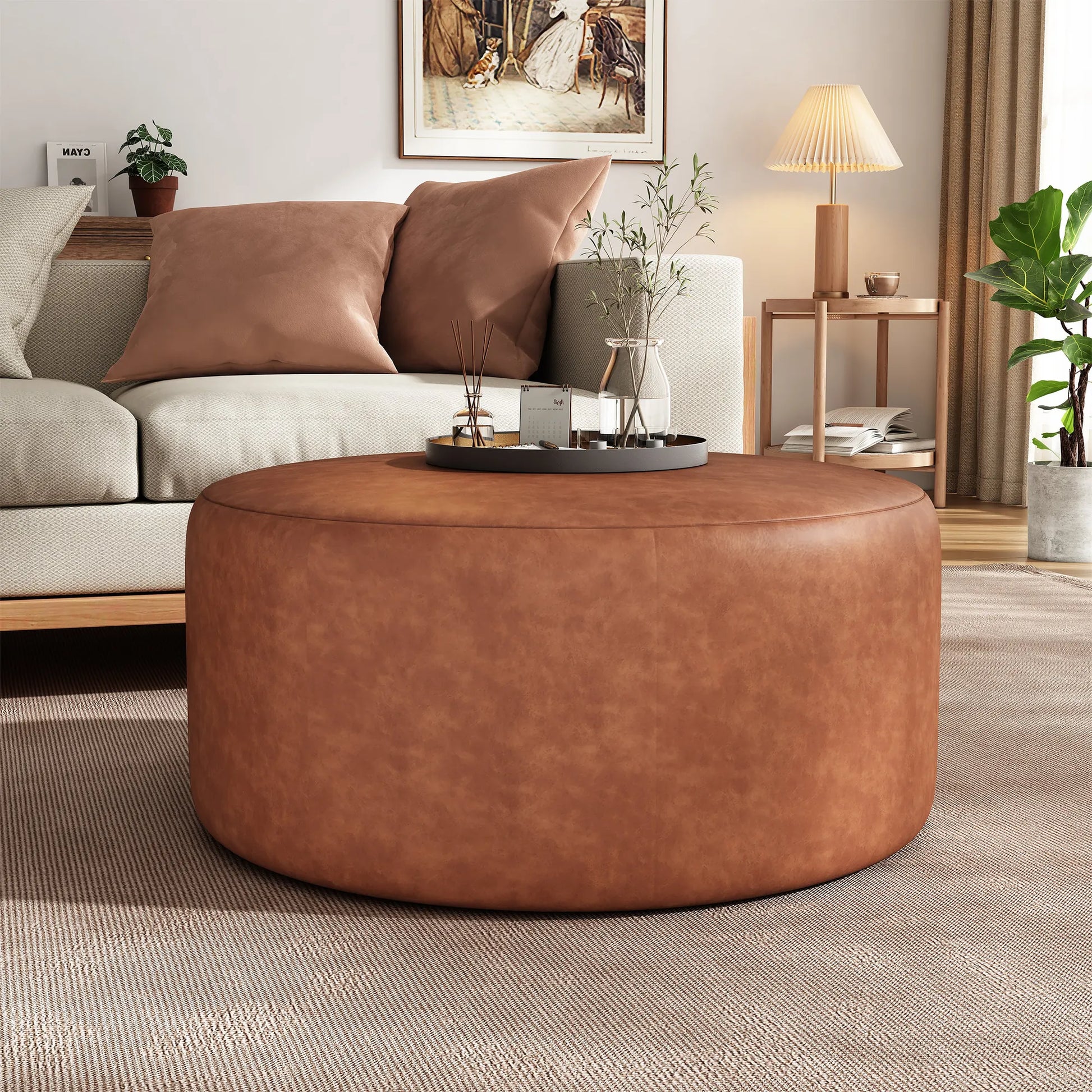 Round Faux Leather Ottoman – Cognac – view 2