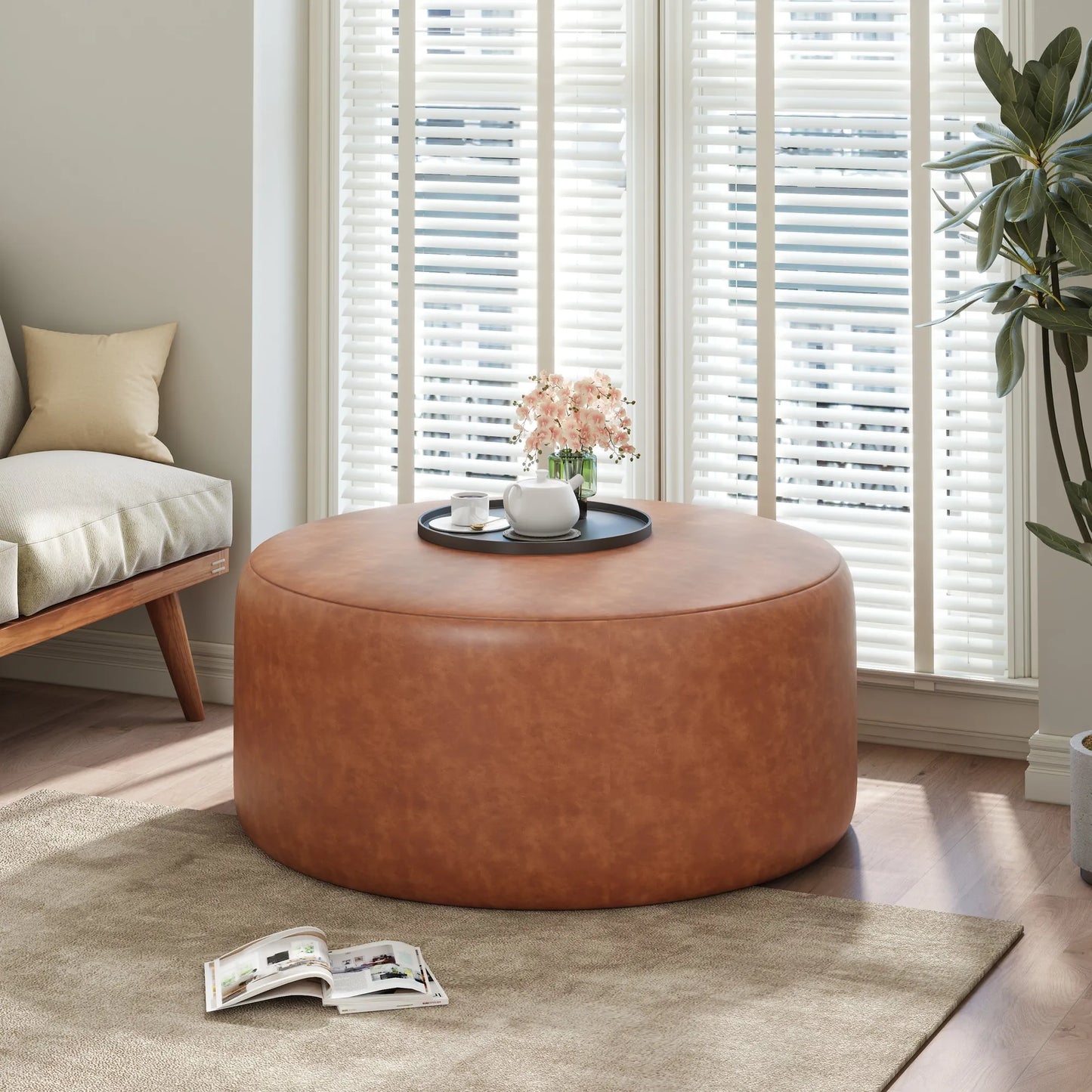 Round Faux Leather Ottoman – Cognac – view 3