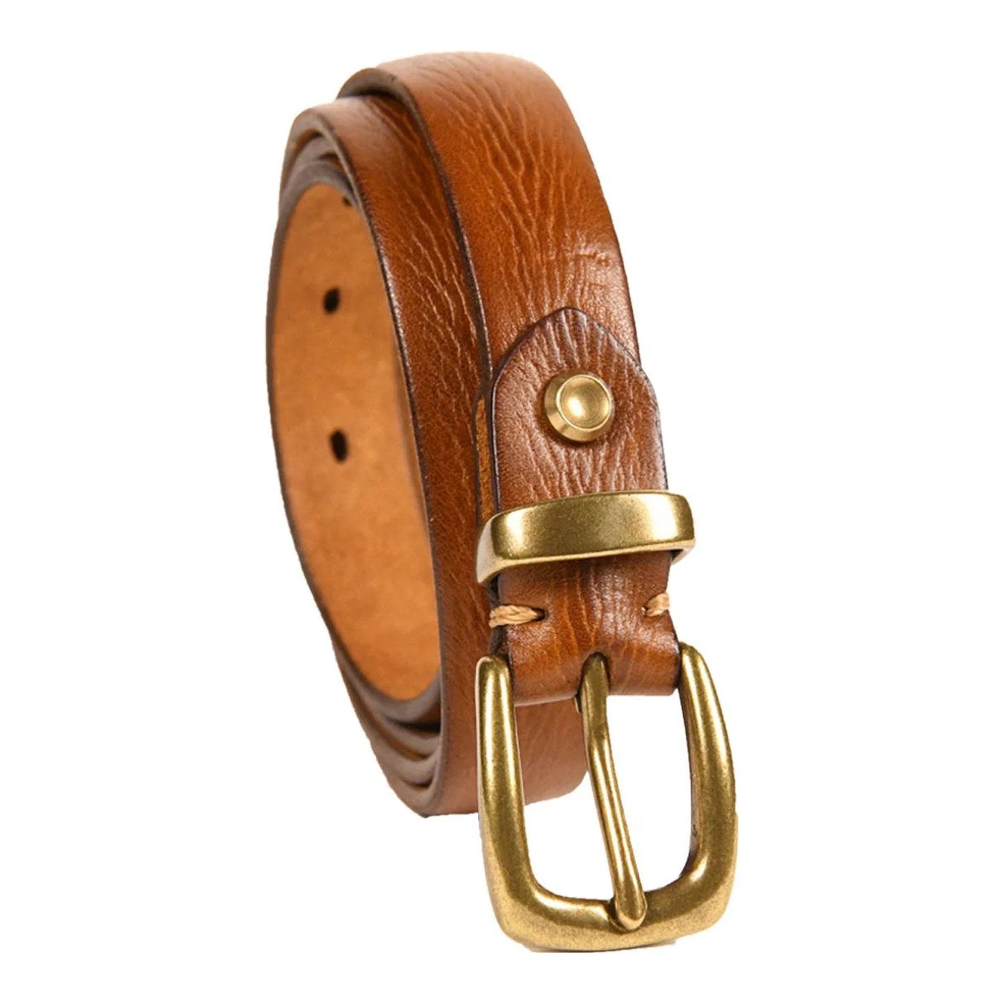 Cognac cow leather belt full view with copper pin buckle