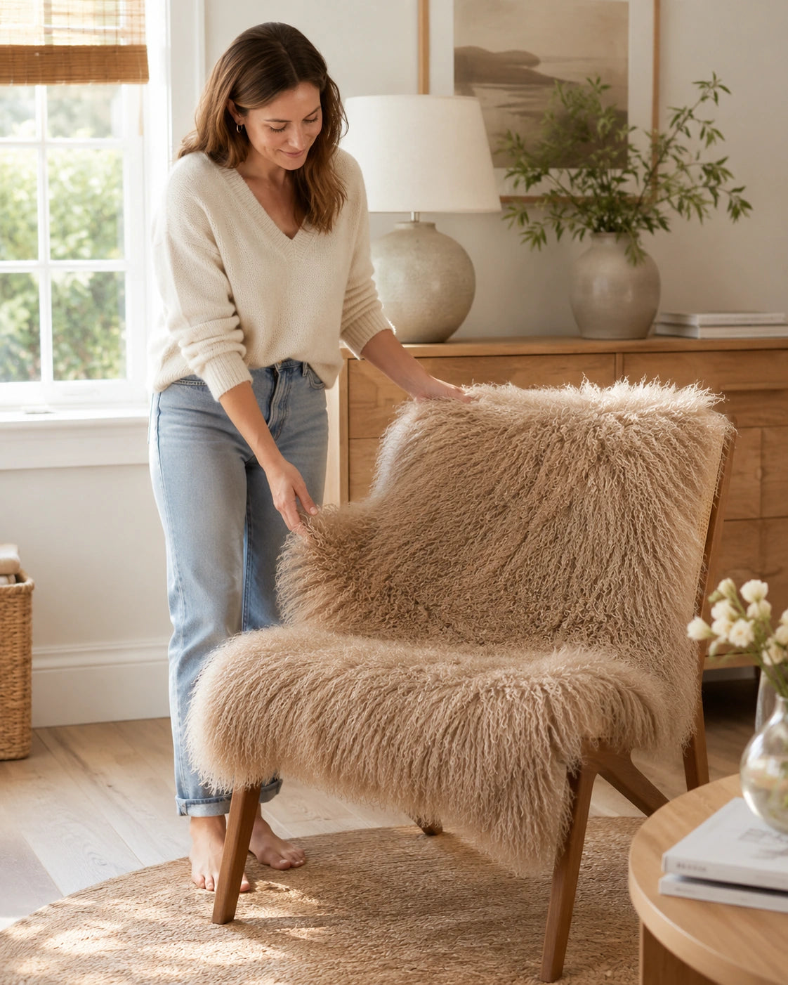 Camel latte whole-pelt sheepskin pad being placed on an accent chair