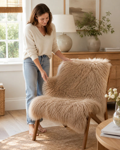Camel latte whole-pelt sheepskin pad being placed on an accent chair