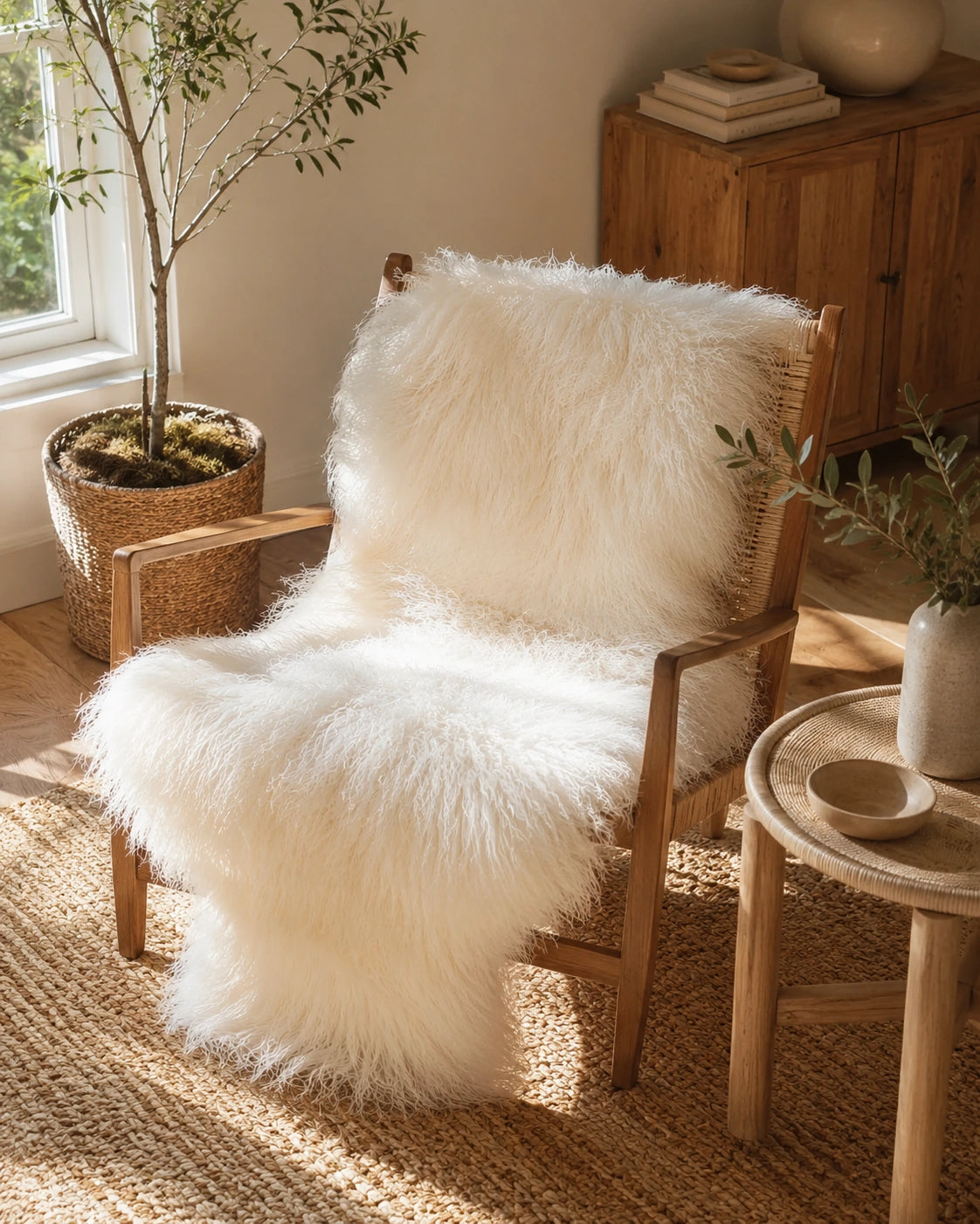 Ivory white whole-pelt curly lamb sheepskin styled on a contemporary chair